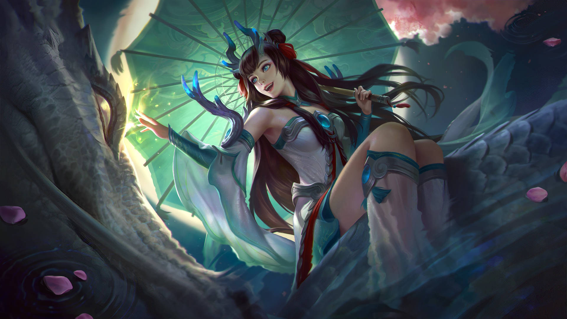 動漫女性持陽傘騎龍，被粉紅色花瓣環繞。