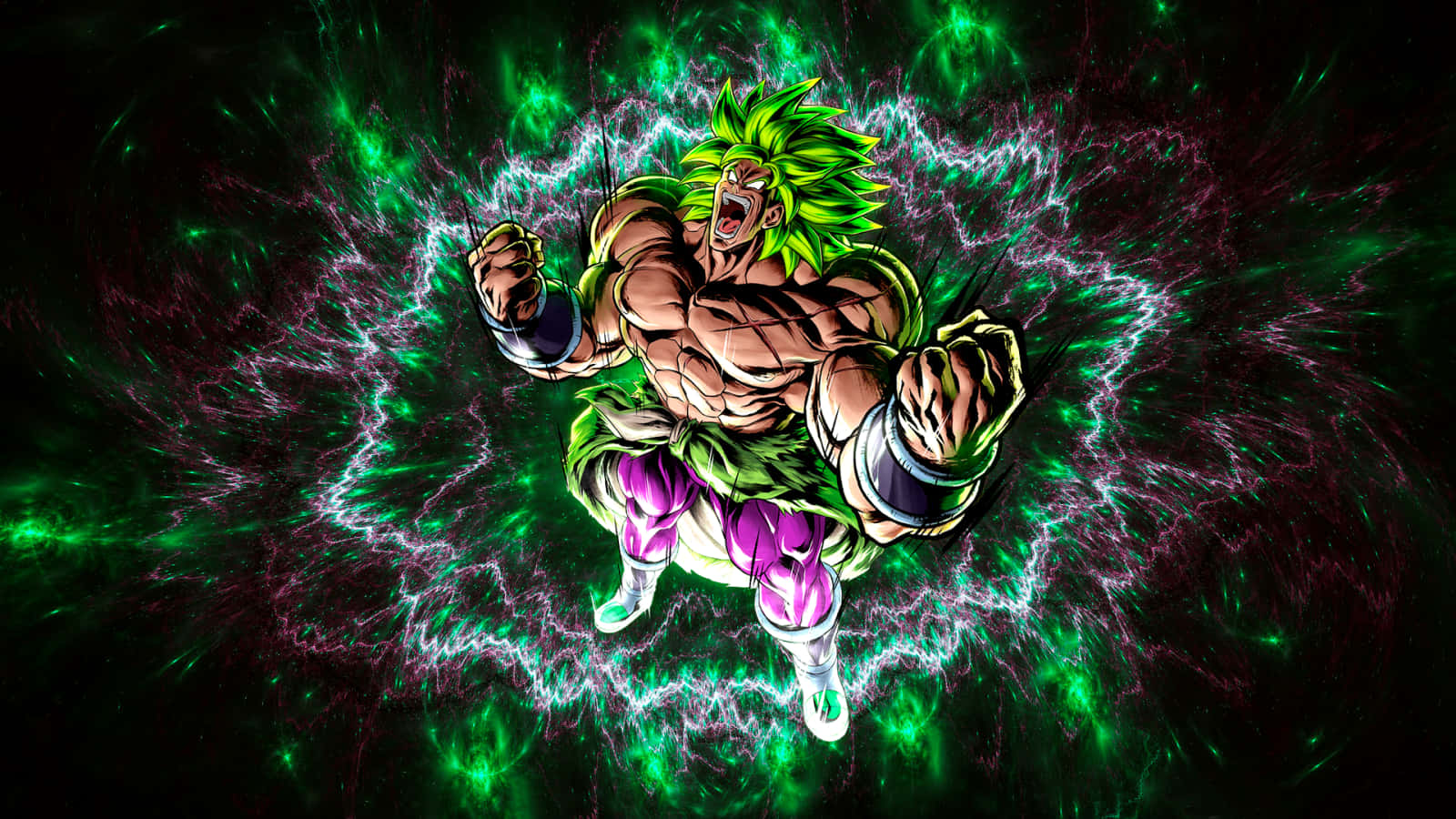 傳奇戰士：悟空與貝吉塔 壁紙 — 一個肌肉發達的動漫戰士，綠色頭髮和紫色褲子，在黑暗背景中旋轉的綠色和白色能量中咆哮。