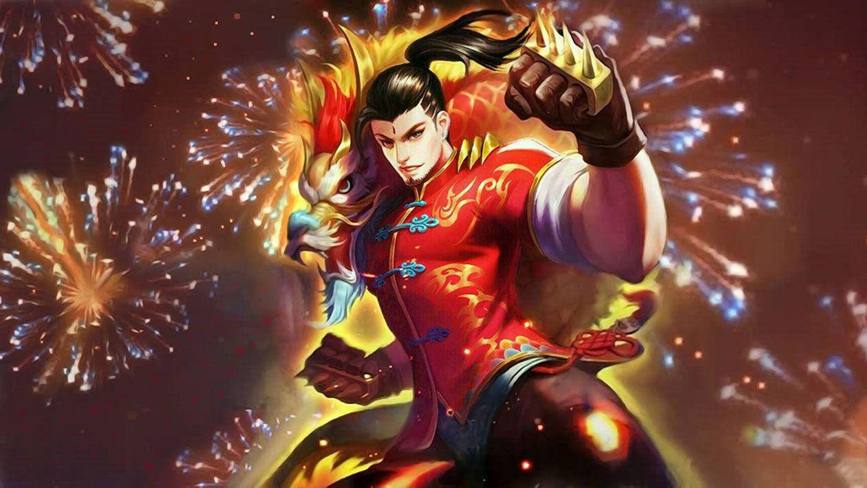 身穿紅色服裝的動漫戰士與龍同伴被煙火環繞。