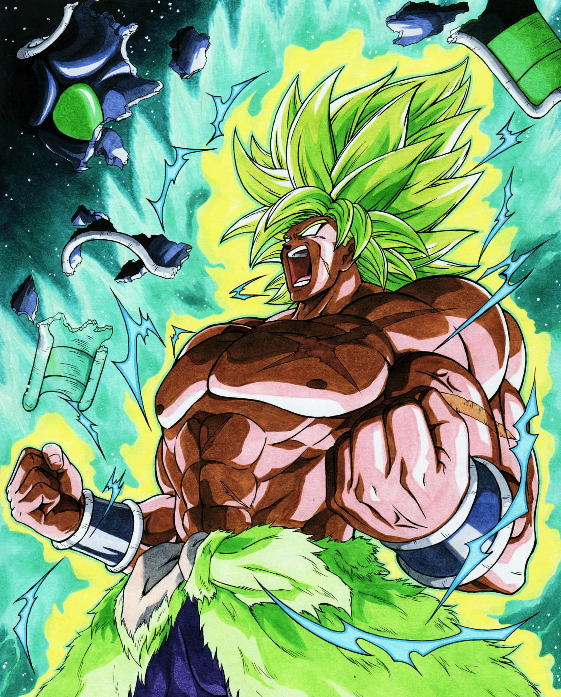 傳奇戰士——《龍珠超：布羅利》 壁紙 — 一個肌肉發達、綠髮的動漫戰士在宇宙背景下咆哮，周圍能量噼啪作響。
