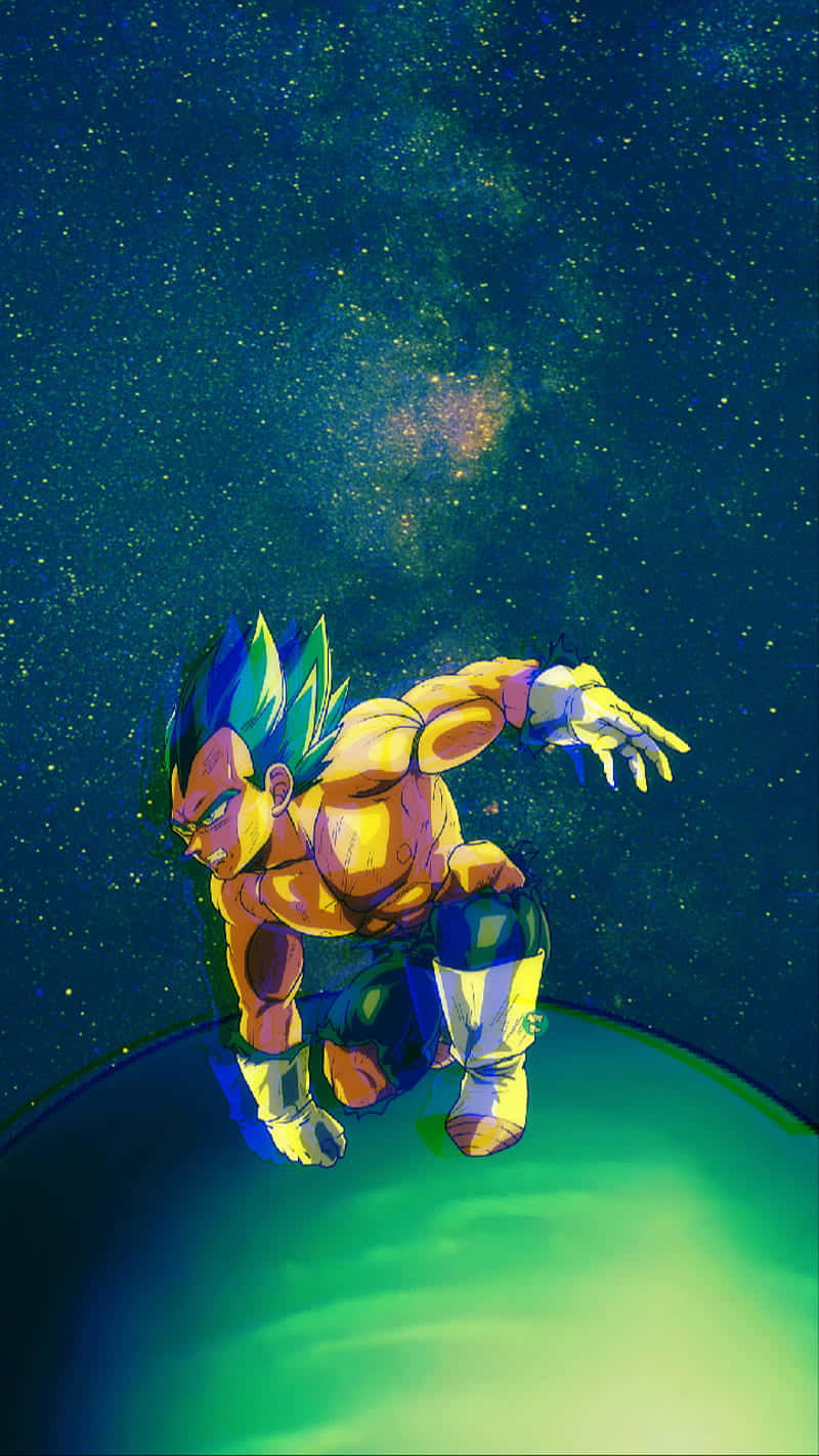 傳奇戰鬥開幕：貝吉塔對決沙魯 —— Dope Dragon Ball Z 壁紙 — 一個肌肉發達的動漫戰士，擁有尖刺的藍色頭髮，在星光熠熠的宇宙背景下漂浮在發光的綠色星球上方。
