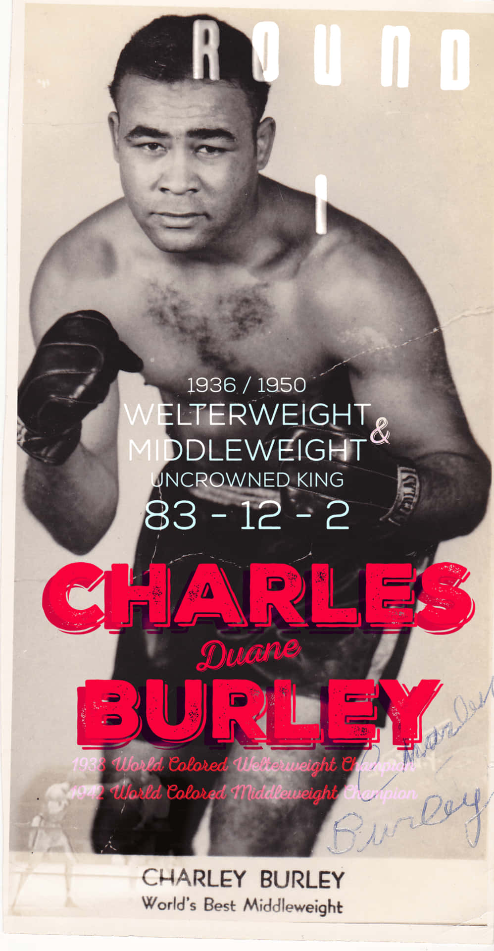傳奇拳擊手查理·伯利 壁紙 — 復古棕褐色調海報，拳擊手 Charles Duane Burley 擺出戰鬥姿勢，配有粗體紅色文字和手寫簽名。