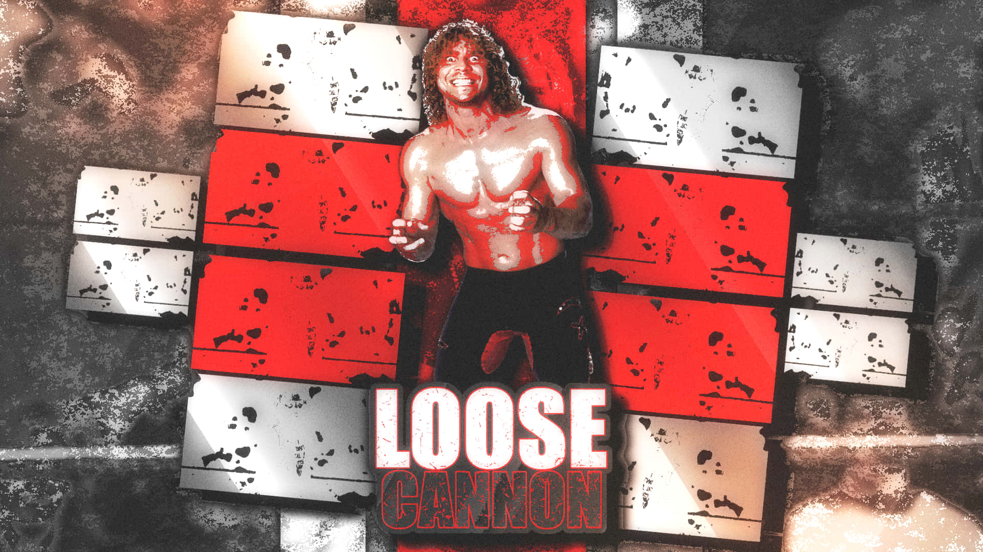長髮摔角手在紅白潑濺的十字架和'LOOSE CANNON'文字前咧嘴而笑。