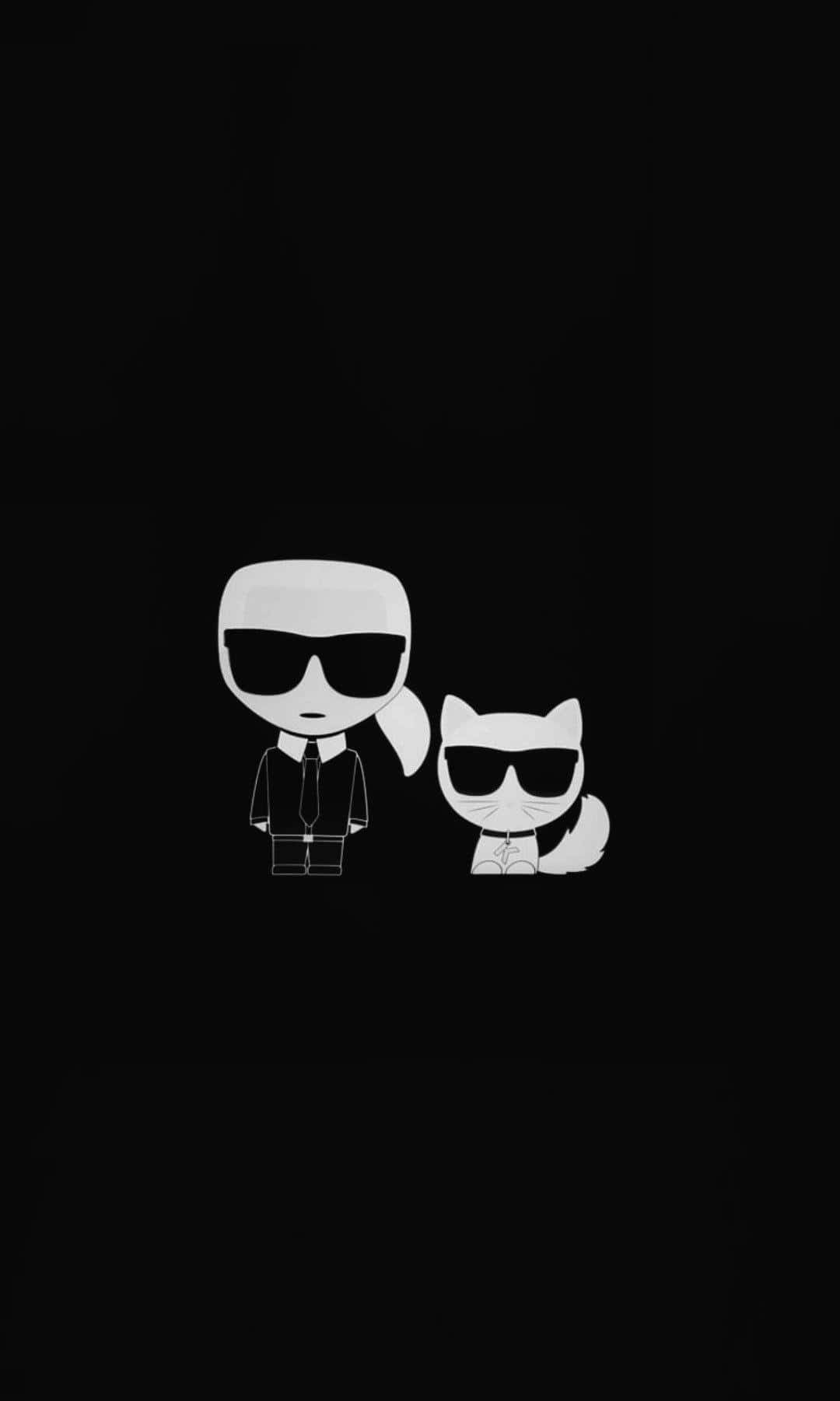 傳奇時裝設計師Karl Lagerfeld 壁紙 — 一個簡約的黑白插圖，描繪了一個風格化的人類和一隻戴著太陽眼鏡的貓，背景是純黑色。