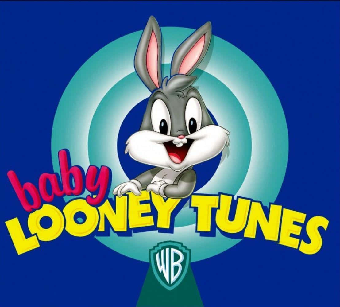 「傳奇樂一通翻頁動畫趣味！」 壁紙 — BB Bugs Bunny 喺藍色靶心背景上開心咁笑，帶有 'Baby Looney Tunes' 文字同 Warner Bros 標誌。
