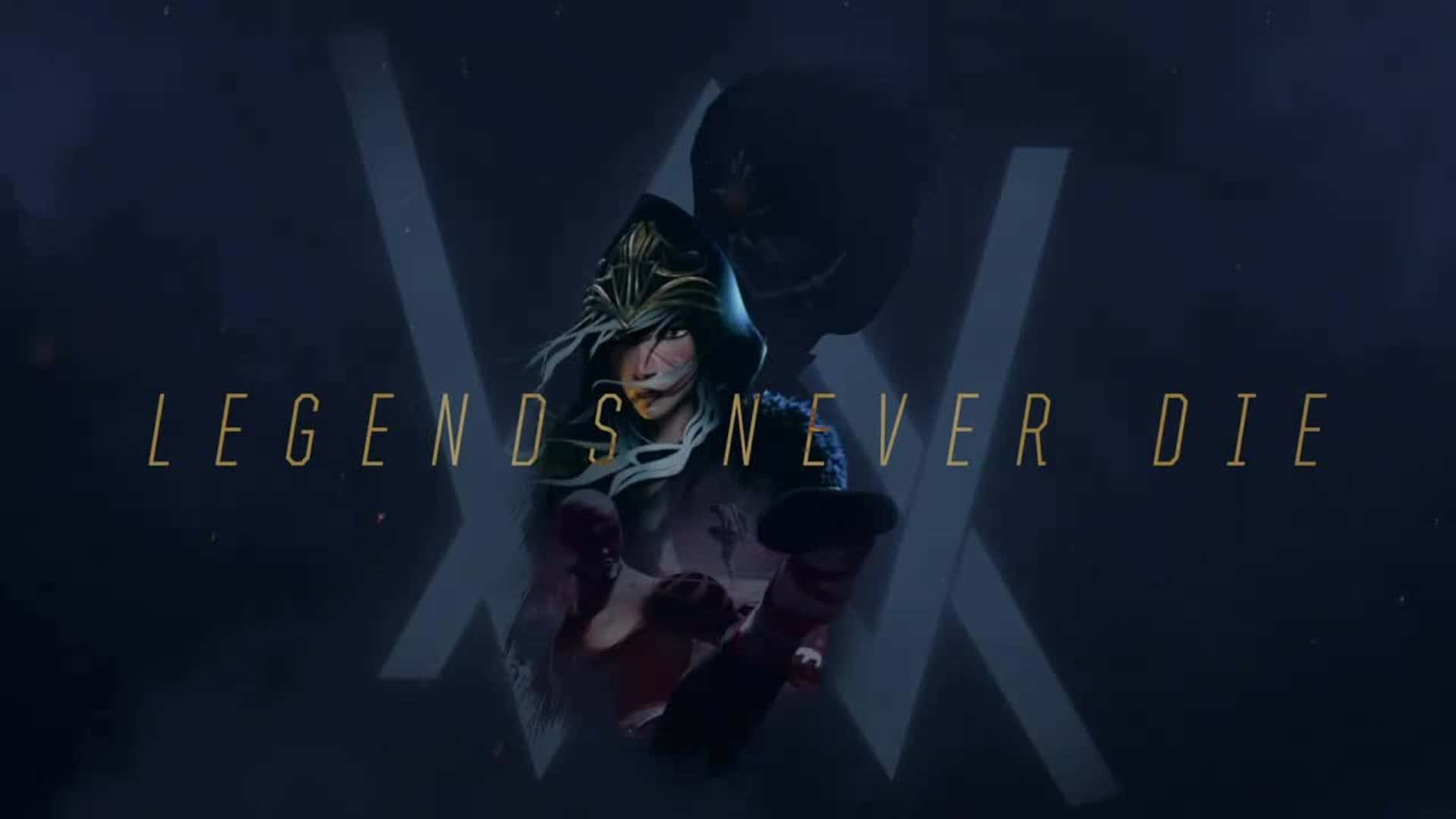 一位擁有發光眼睛的華麗盔甲奇幻戰士，帶有「LEGENDS NEVER DIE」文字。