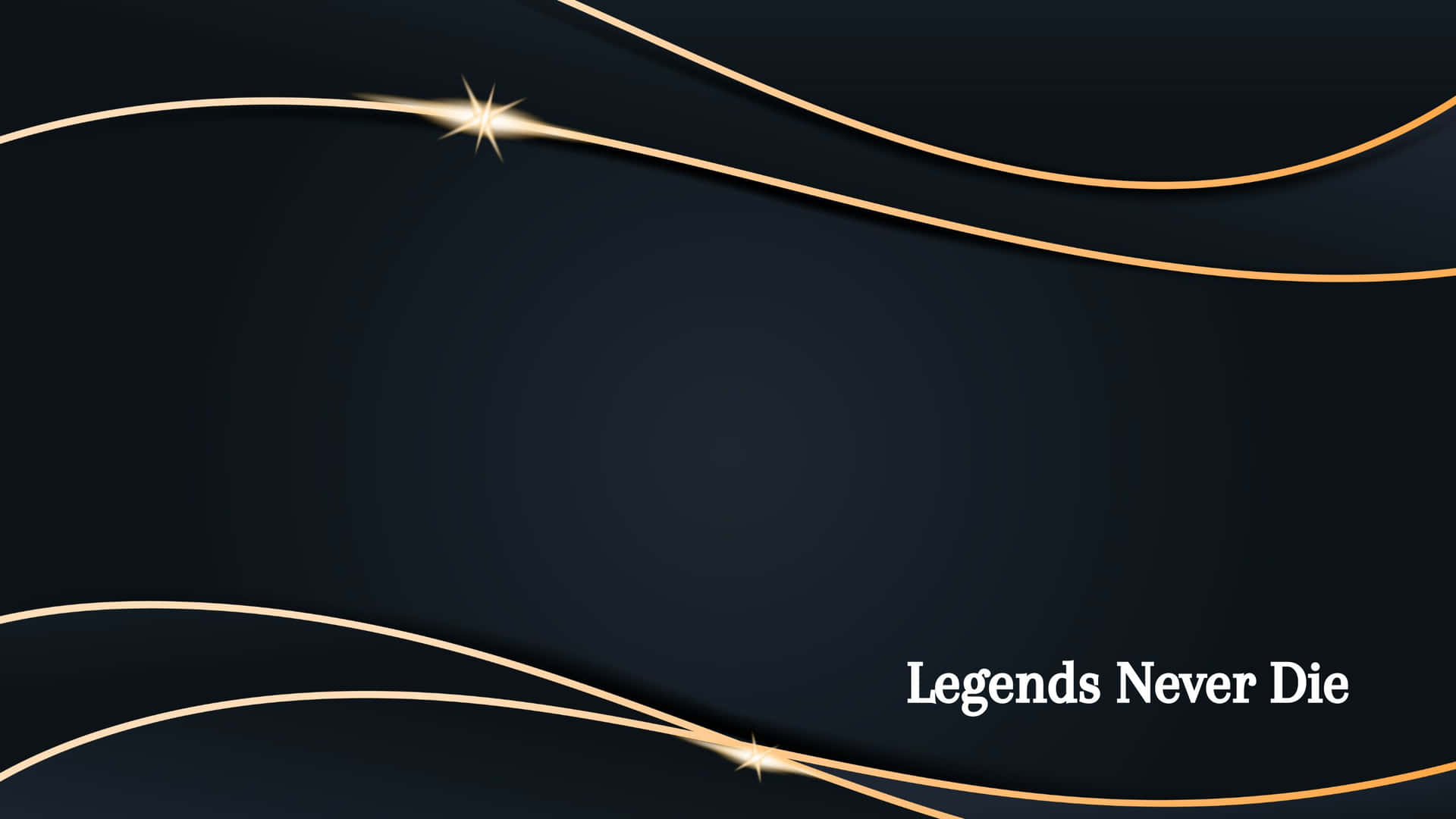 深藍色背景，帶有金色曲線和閃爍的星星，圍繞著文字 Legends Never Die。