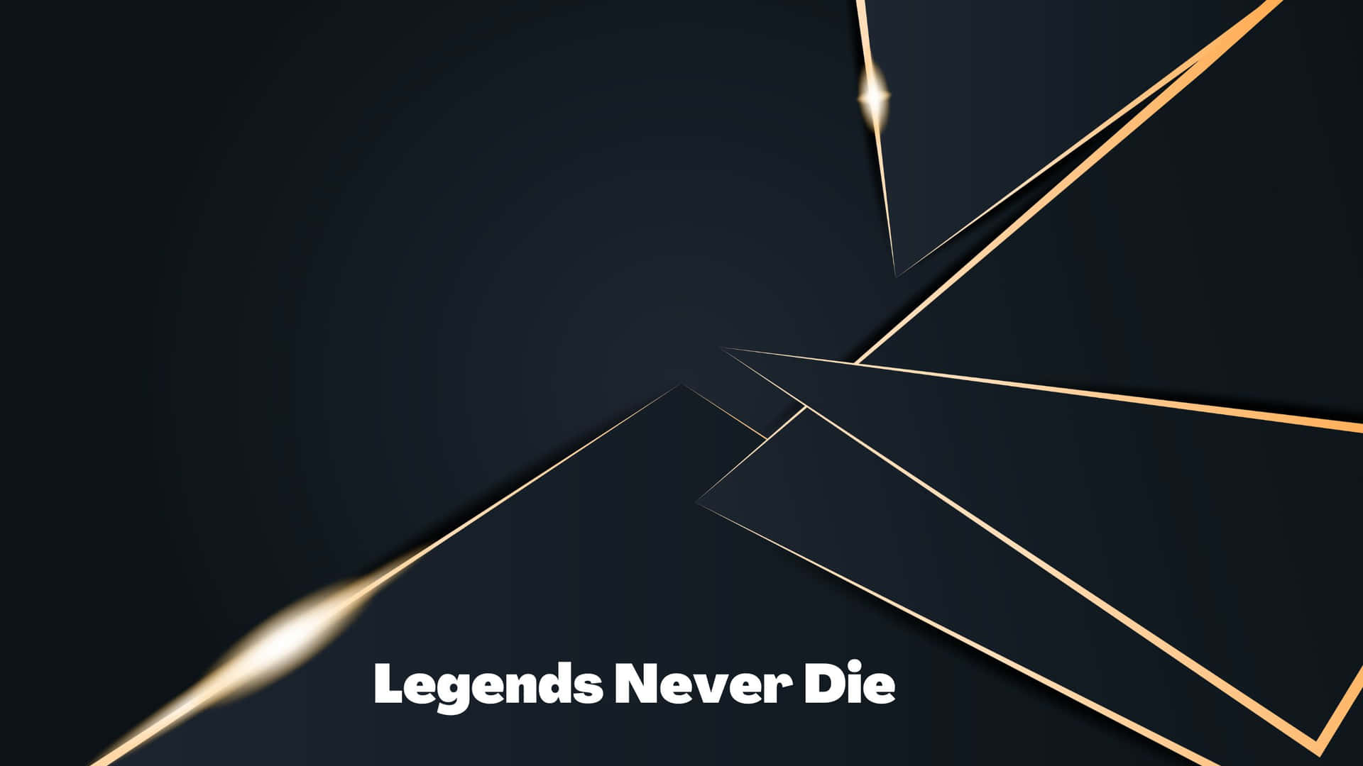 金色幾何線條從黑暗中心放射而出，文字 Legends Never Die 柔和發光。