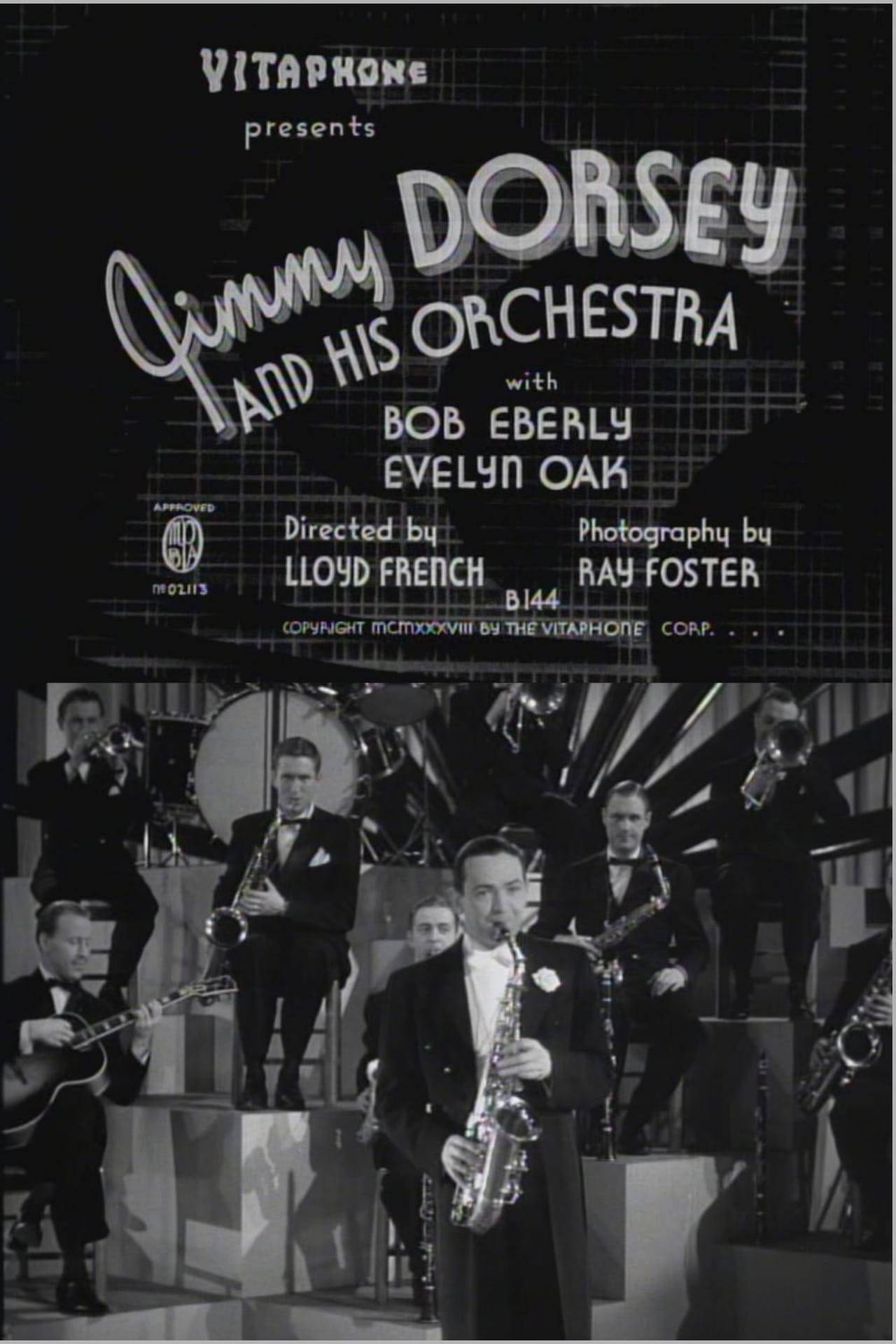 Jimmy Dorsey 及其樂團在舞台上的黑白復古電影標題卡。