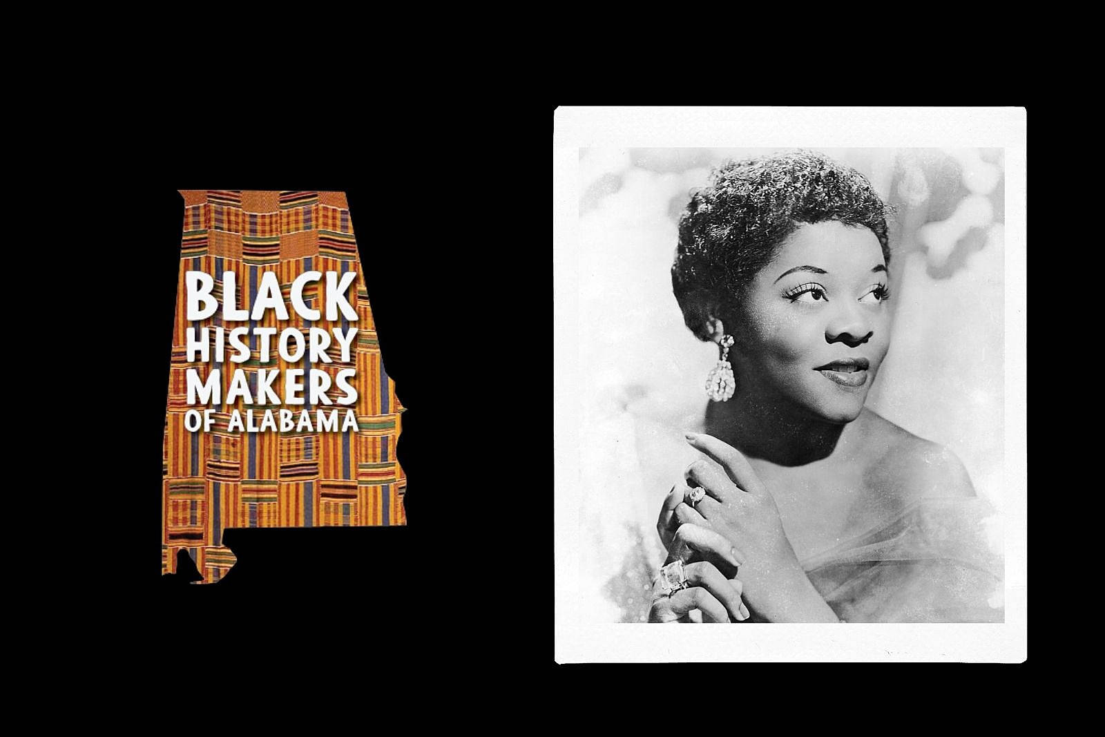 傳奇爵士歌手Dinah Washington的藝術呈現 壁紙 — 一張復古黑白肖像，描繪一位端莊的黑人女性，戴著優雅的耳環，旁邊是色彩繽紛的阿拉巴馬州形狀圖形，上面寫著「Black History Makers of Alabama」。