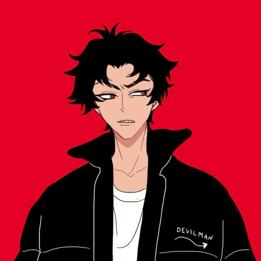 動漫男子穿著黑色外套，袖子上有Devilman文字，背景為紅色。