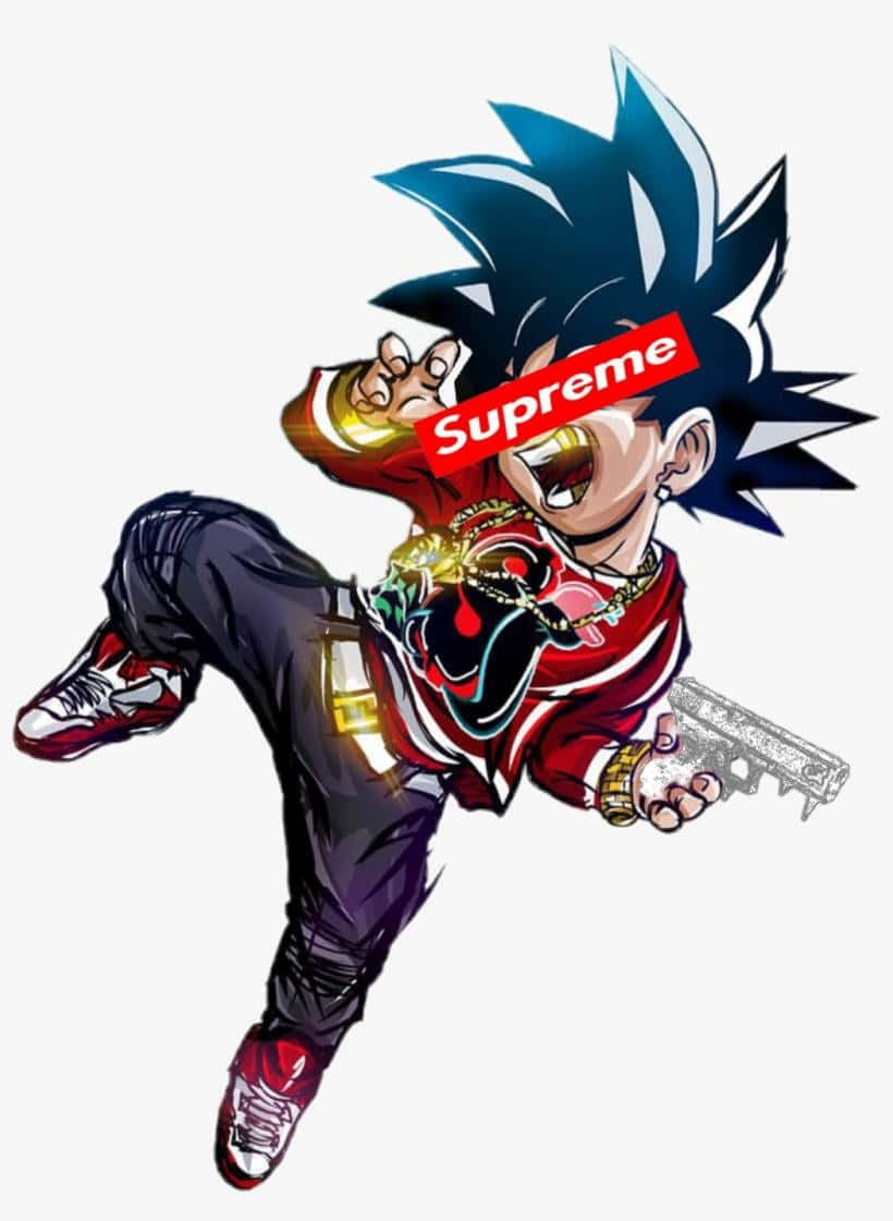 藍色頭髮和Supreme標誌的動漫角色，穿著街頭服飾手持槍支。