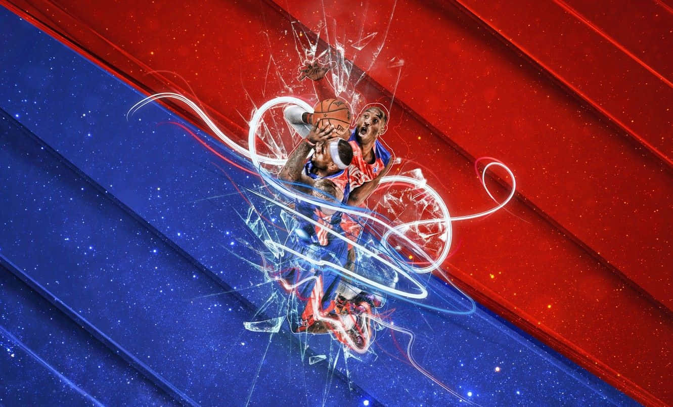 籃球運動員在宇宙紅藍背景下擊碎玻璃。