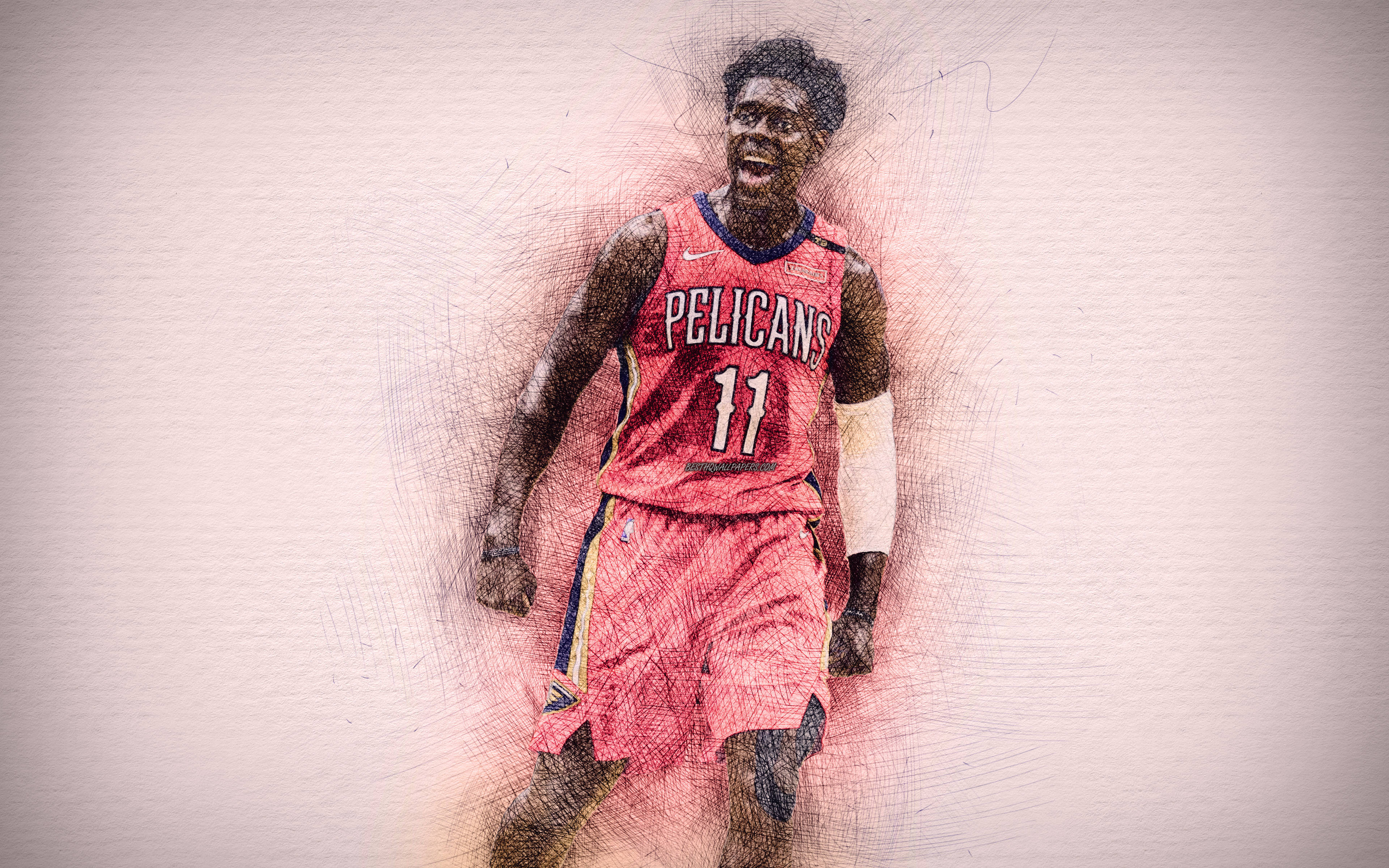 傳奇籃球明星Jrue Holiday 壁紙 — 一名身穿紅色Pelicans球衣、號碼11的籃球運動員，在慶祝時被捕捉到帶有動態素描風格的效果。