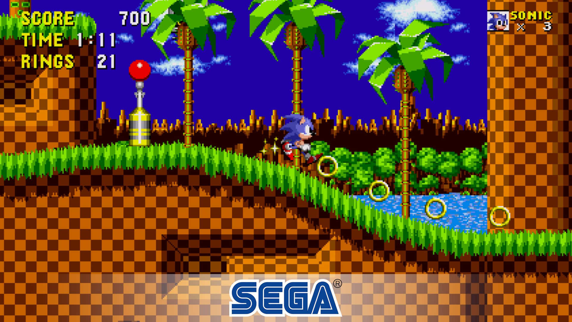 Sonic the Hedgehog 喺一個有光環同棕櫚樹嘅像素化叢林關卡中奔跑。