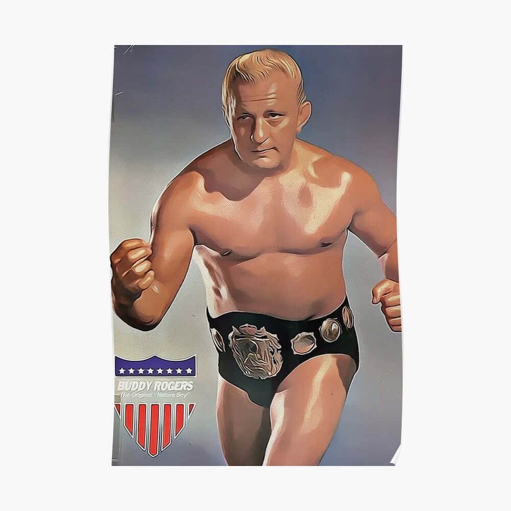 摔角手 Buddy Rogers 穿著黑色短褲，腰間繫著冠軍腰帶向前奔跑。