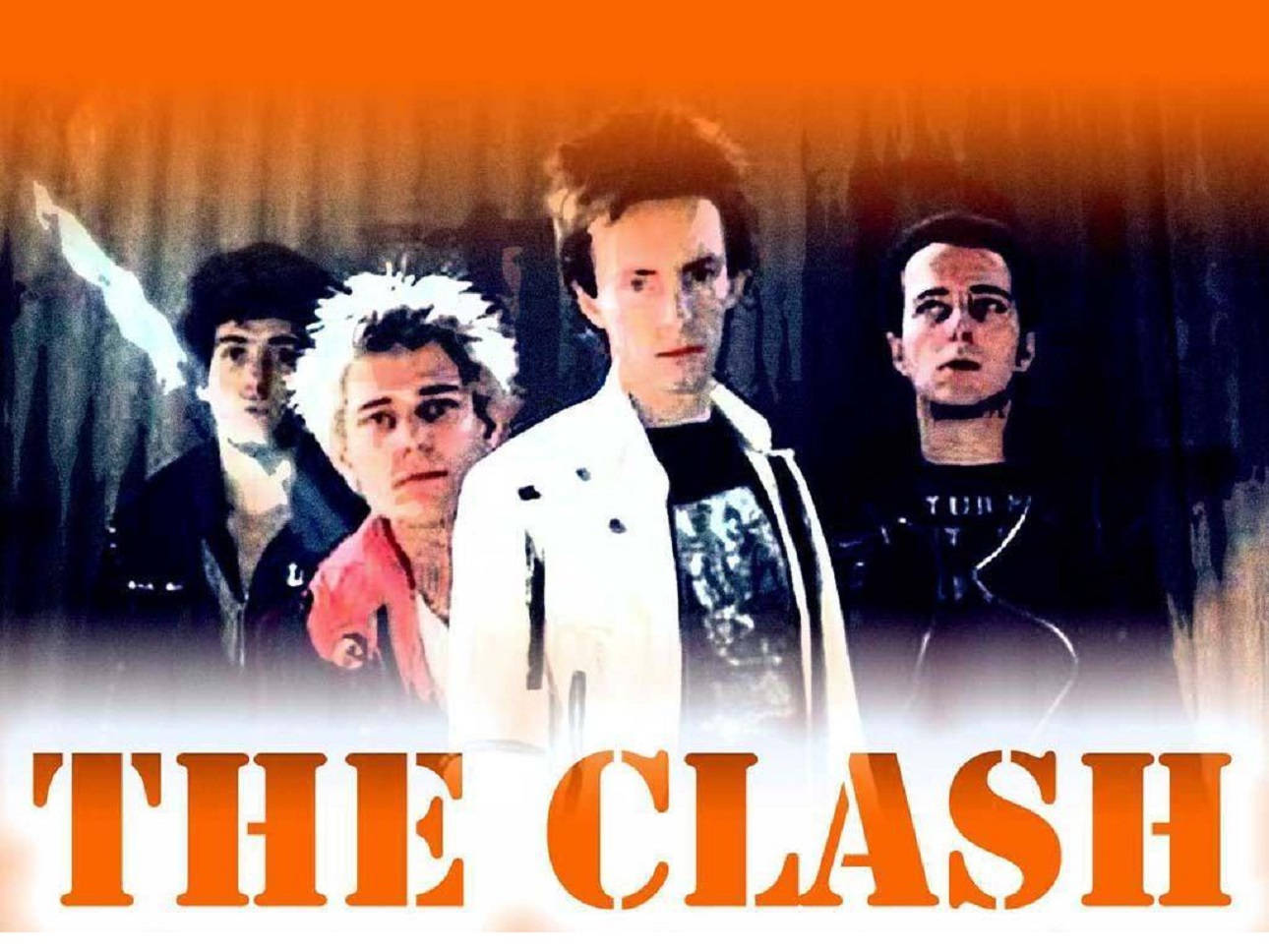 The Clash 樂團成員穿著龐克搖滾服裝，帶有橙色文字疊加。