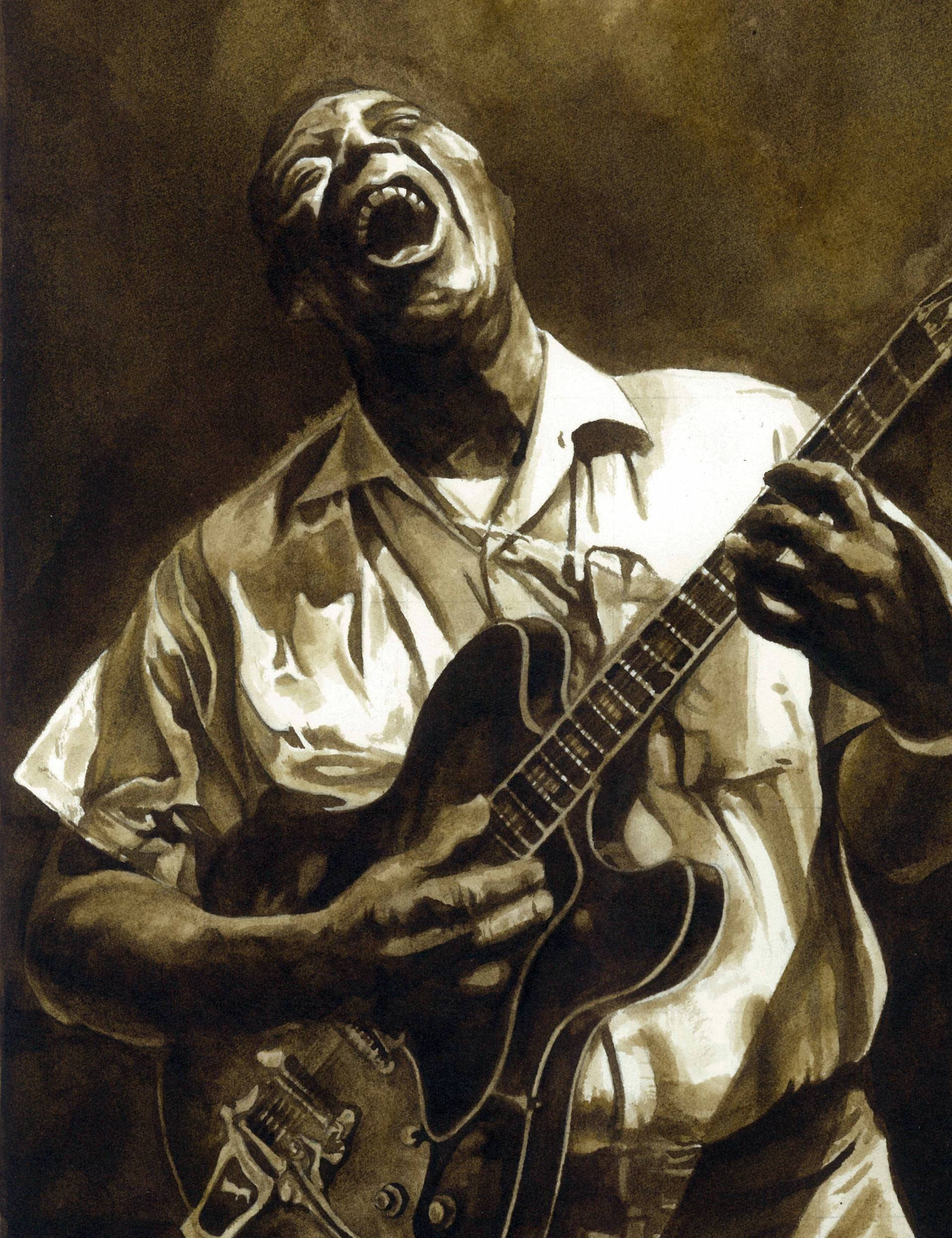 傳奇藍調大師Howlin' Wolf 壁紙 — 一位充滿熱情的音樂家在戲劇性的燈光下，一邊激烈地彈奏電結他，一邊向虛空吶喊。