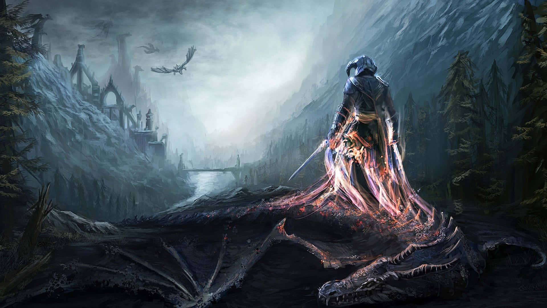 傳奇角色 Dovahkiin 站立於《上古卷軸》壯麗荒野 壁紙 — 一個孤獨的裝甲戰士站在一條被殺死的龍的屍體上，俯瞰著霧氣籠罩的山中堡壘，陰沉天空中飛翔著龍。