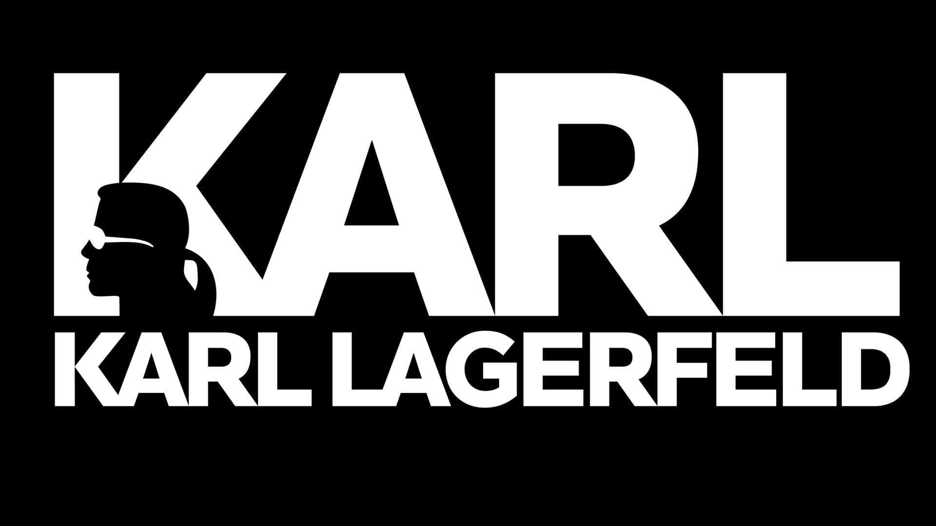 傳奇設計師Karl Lagerfeld 壁紙 — 粗體白色文字在黑色背景上拼出 Karl Lagerfeld，並將他的側面風格化剪影融入字母 K 中。