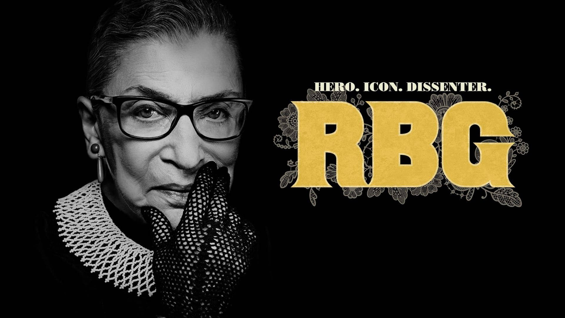 傳奇象徵露絲·巴德·金斯伯格金色首字母 壁紙 — Ruth Bader Ginsburg 的黑白肖像，黑色背景上帶有粗體金色文字 RBG。