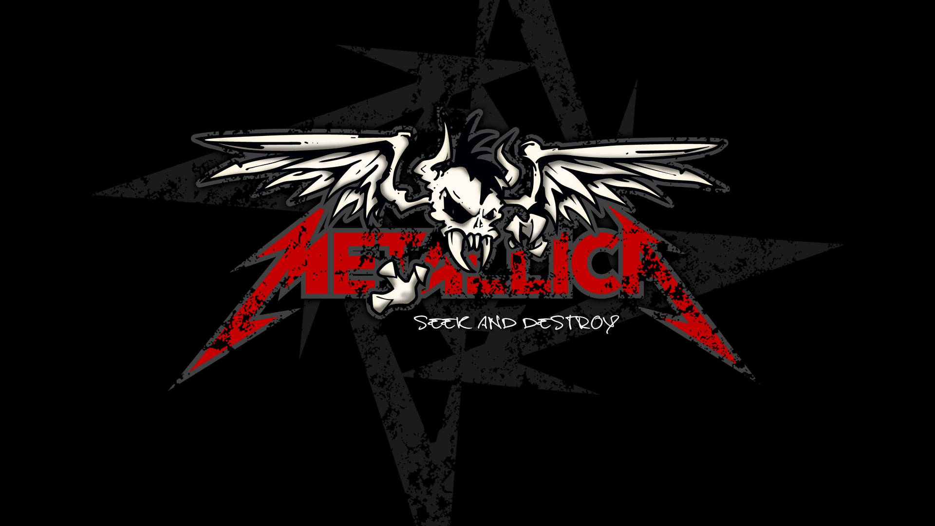 Metallica 樂隊標誌，帶有有翼骷髏和紅色閃電，背景為黑色。