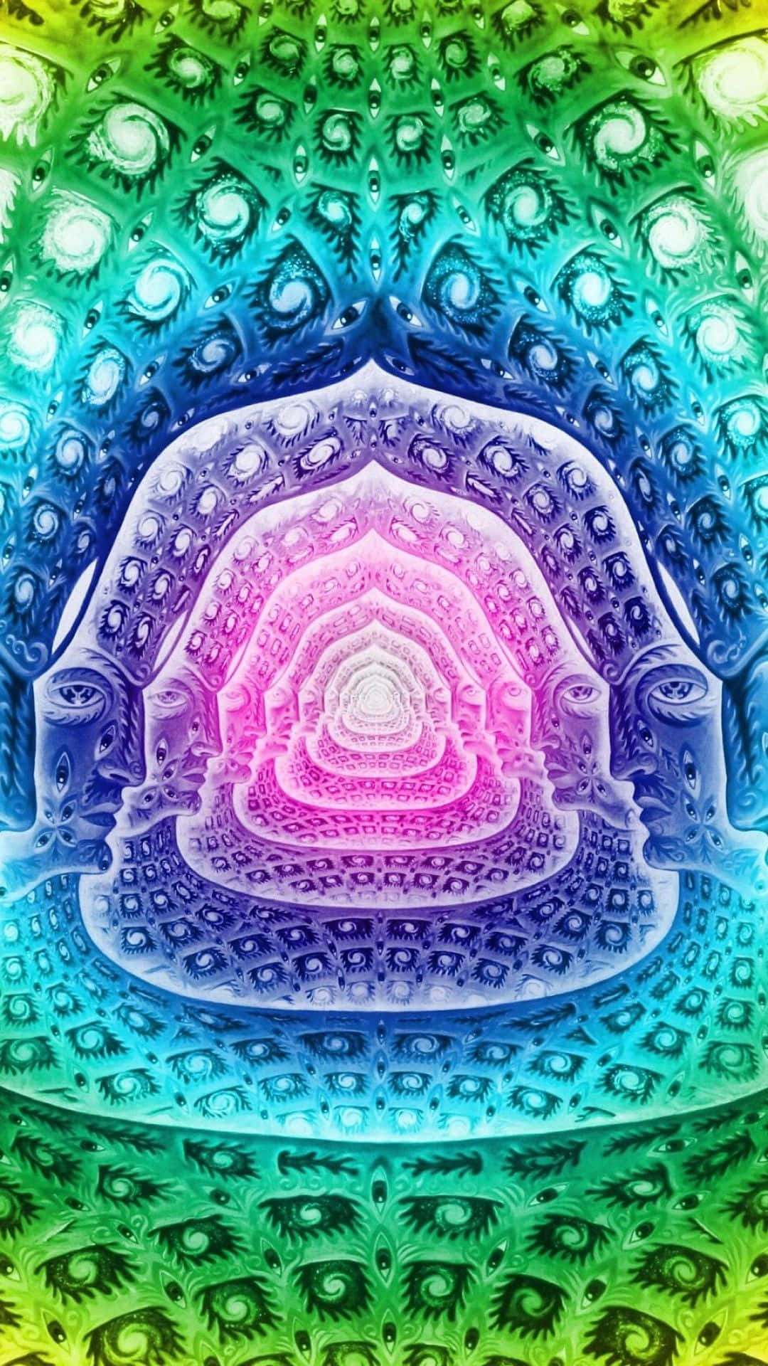 充滿活力的分形隧道，帶有重複的眼睛圖案和彩虹漸變