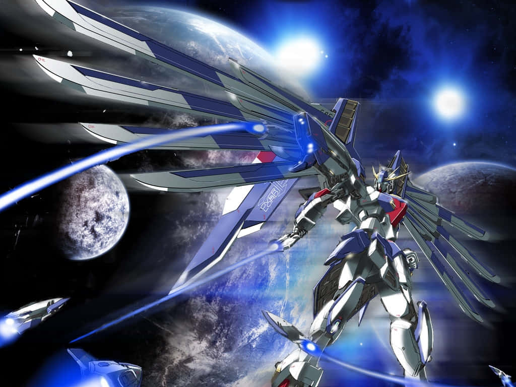 藍銀色機動戰士喺太空向行星同星星附近發射光束。