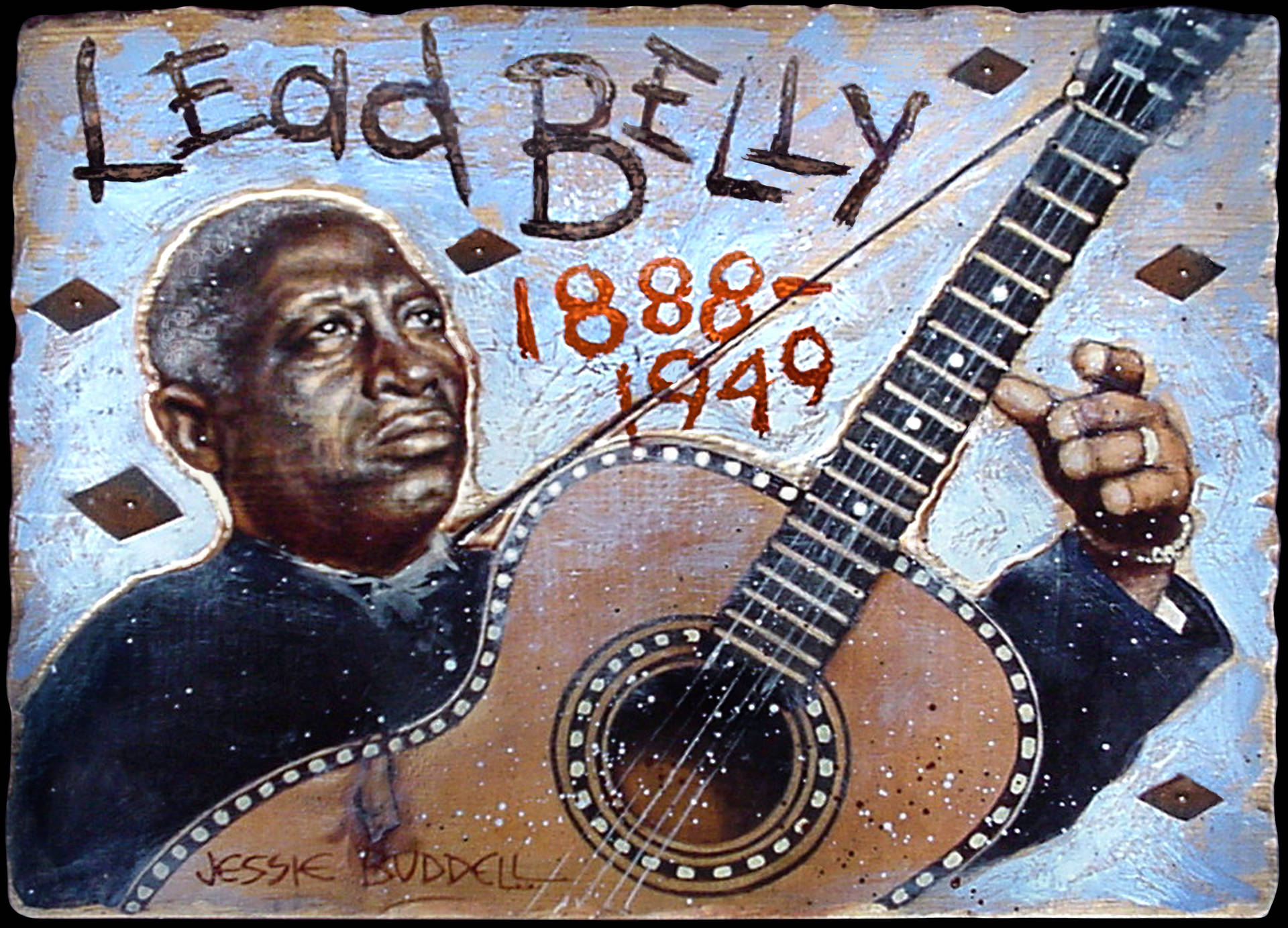 Lead Belly 手持結他的肖像，上方繪有他的名字和年份 1888-1949。