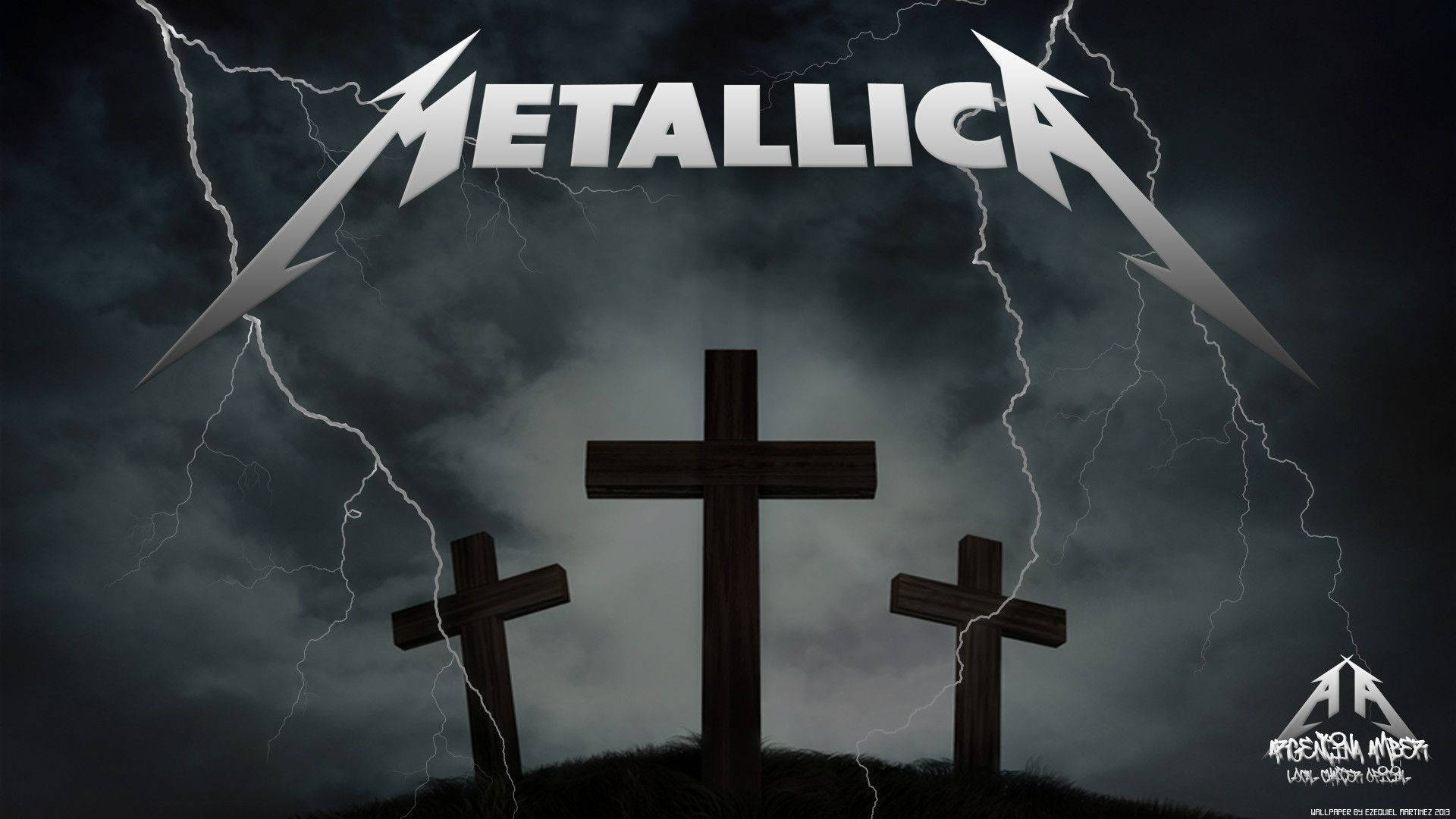 暴風雨中的三個十字架，閃電和 Metallica 標誌