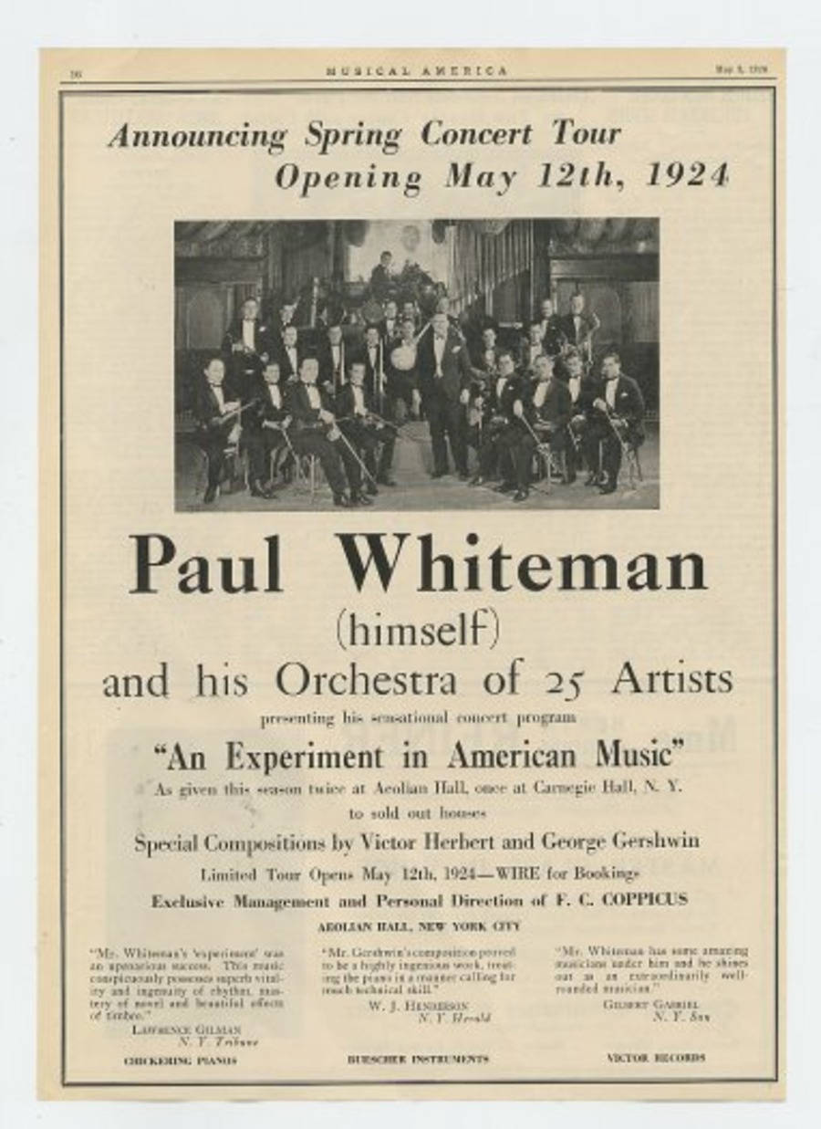 1924年Paul Whiteman樂團音樂會巡演報紙廣告，附有穿著正式服裝的音樂家照片。