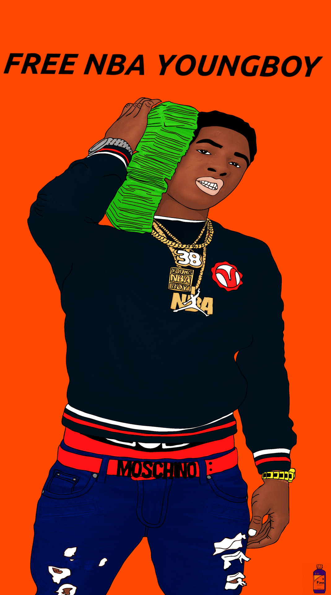 NBA Youngboy 在鮮豔橙色背景插圖中手持一疊現金。