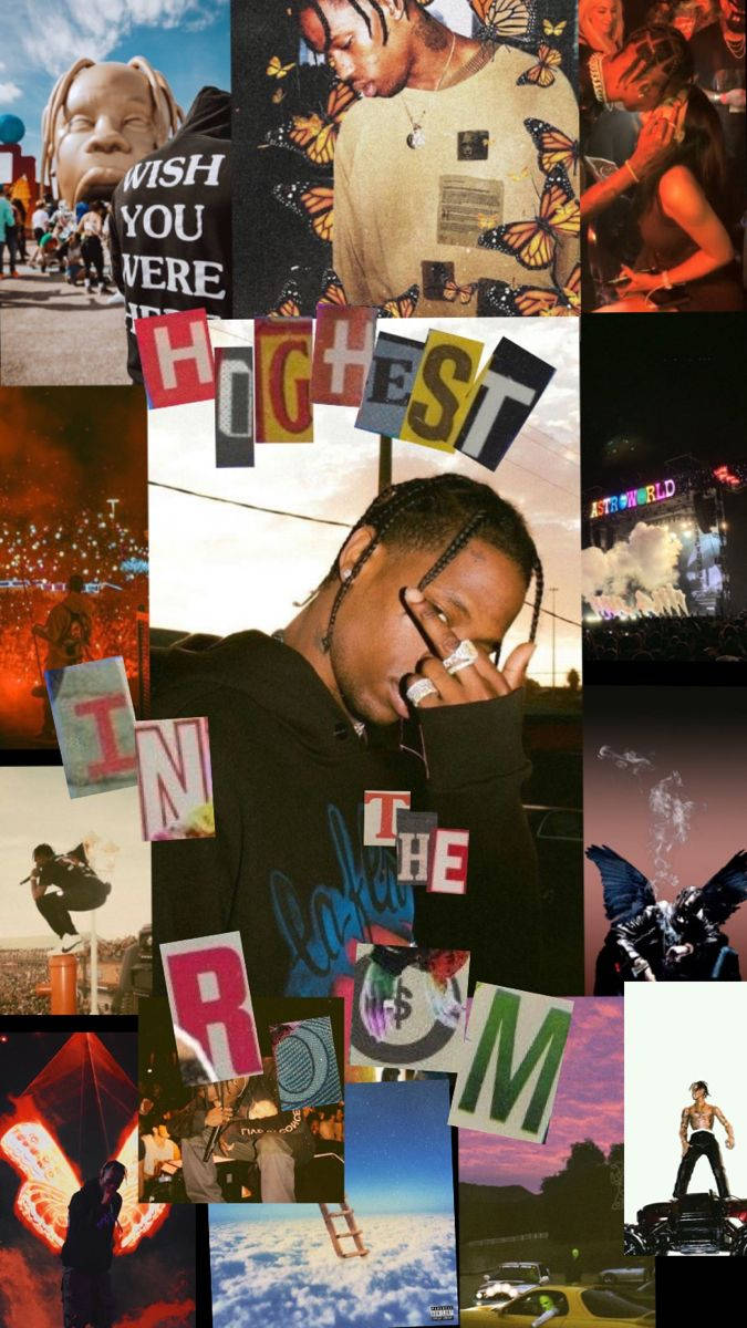 Travis Scott拼貼畫，包含演唱會場景、蝴蝶圖形和粗體文字疊加。
