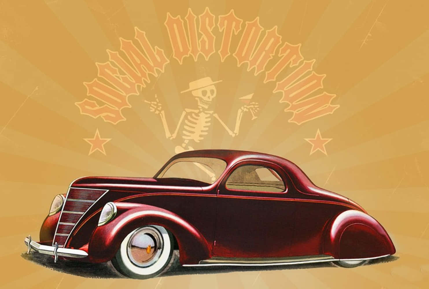紅色復古熱棒車，骷髏司機在「Social Distortion」標誌下。