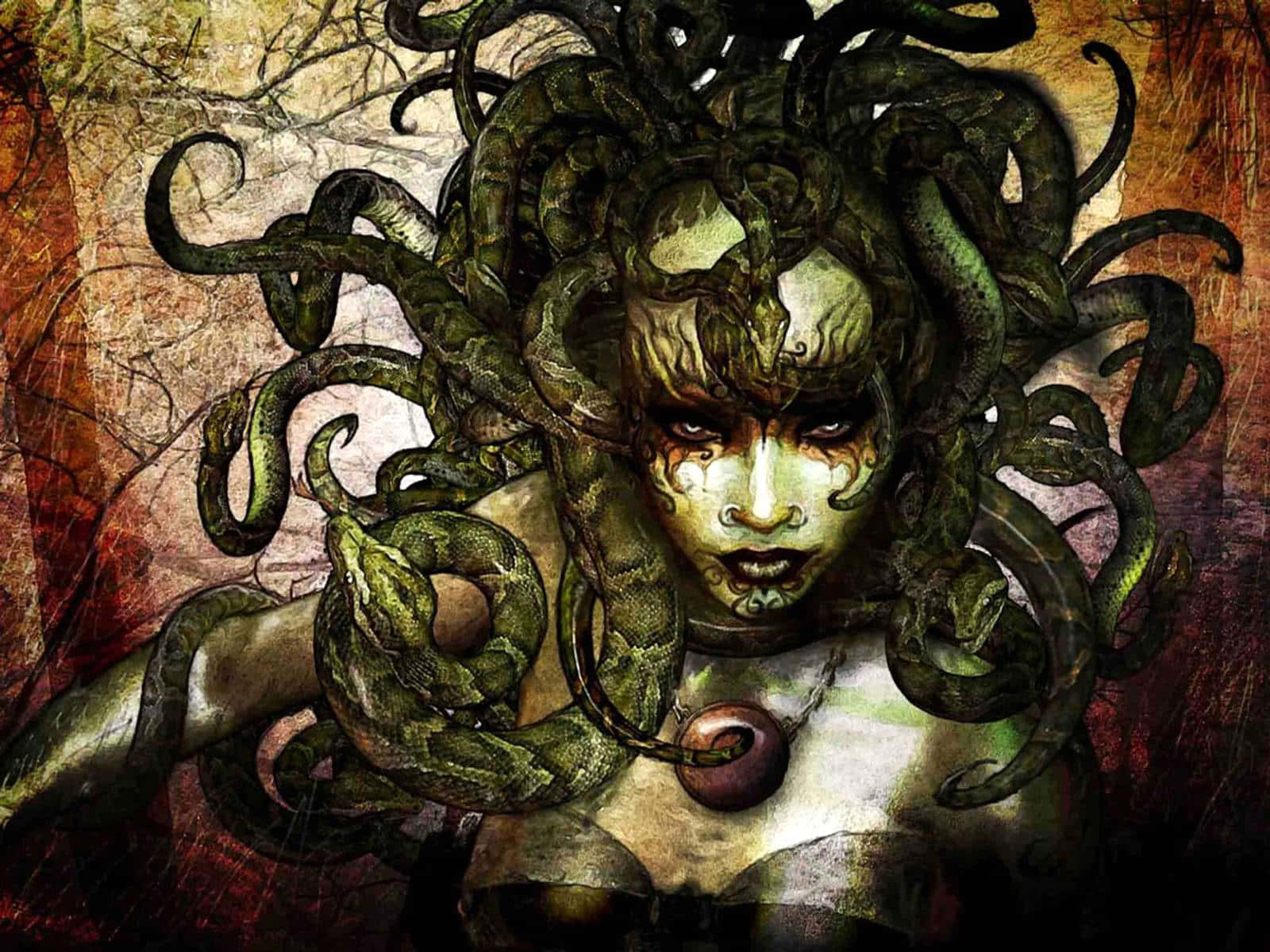 美杜莎，綠色蛇作為頭髮，採用深色質感風格。