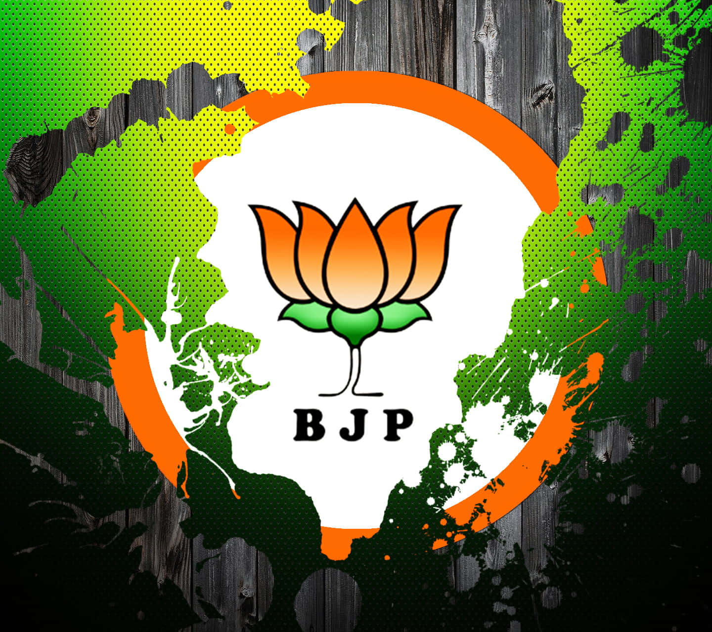 BJP 的政治標誌，橙色蓮花在 grunge 綠色和黑色背景上。