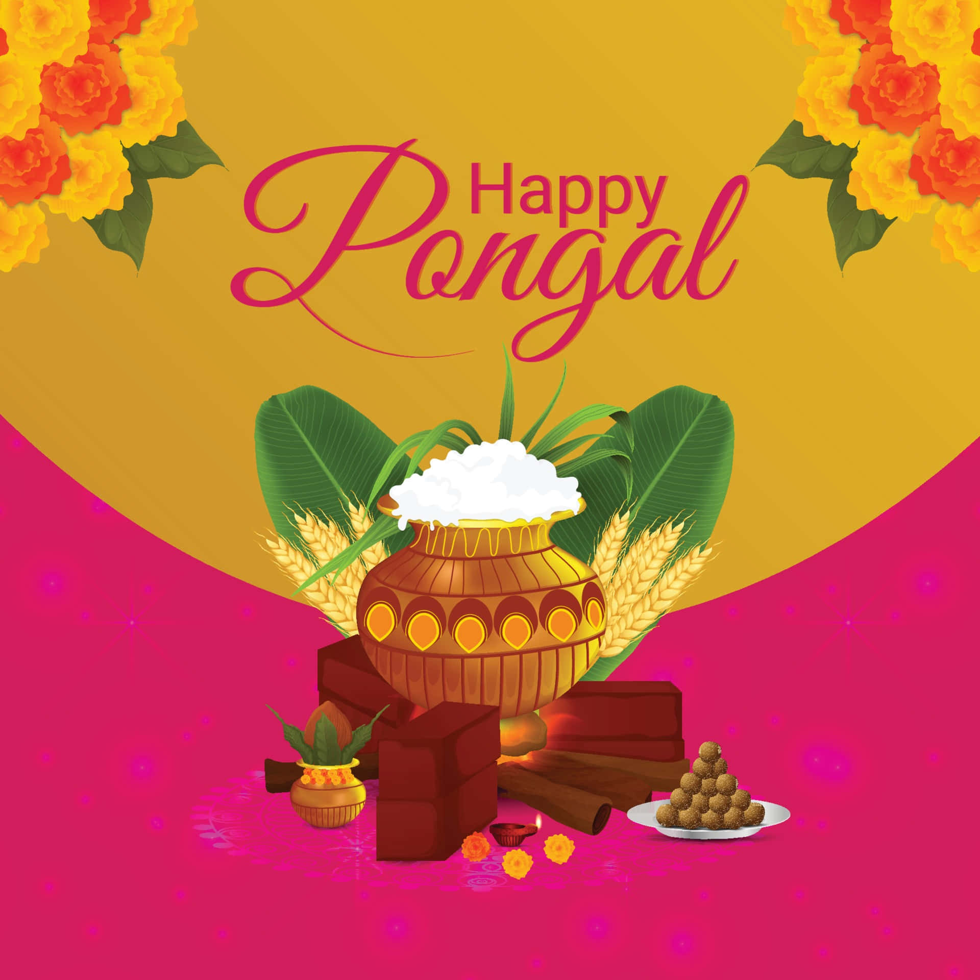 Pongal 桌布 壁紙 — 傳統Pongal鍋滿溢米飯和小麥，周圍環繞鮮花和節日供品的生動插圖。