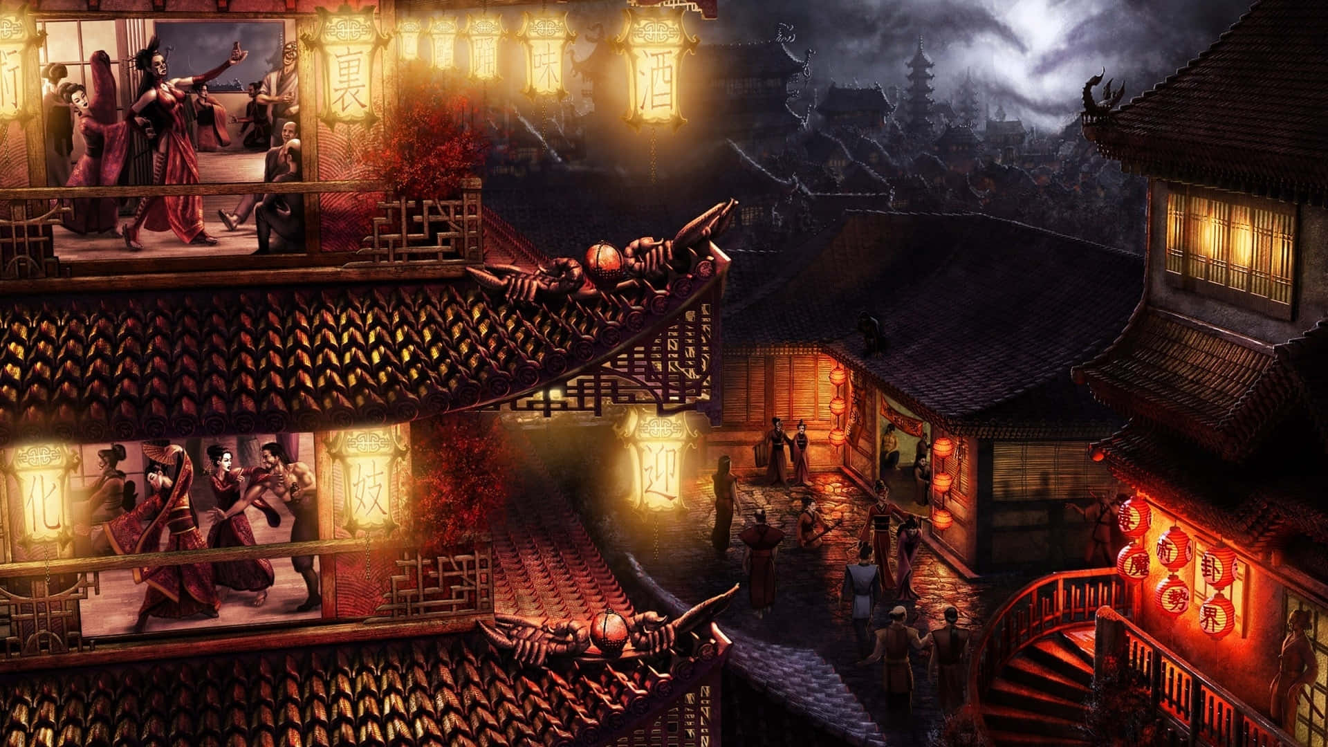 Feudal Japan 桌布 壁紙 — 傳統中國建築的陰鬱夜景，燈籠閃爍，陽台上有人，天空漆黑。