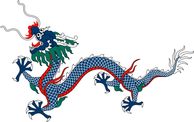 傳統中國龍插畫 壁紙 — 一隻風格化的藍色龍，帶有紅色點綴和綠色鬃毛，在純黑背景上動態盤繞。