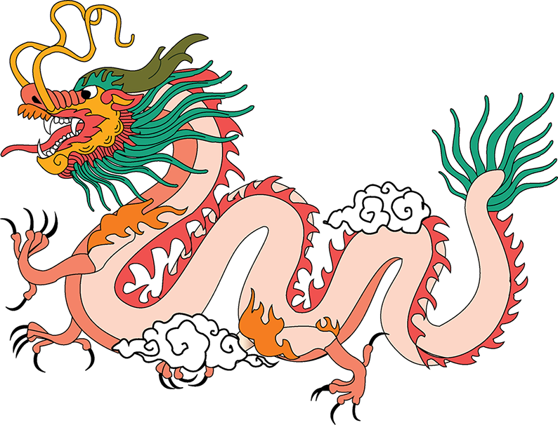 傳統中國龍插畫 壁紙 — 一條充滿活力的傳統中國龍，擁有綠色鬃毛和火熱的橙色點綴，在純黑背景上動態盤繞。