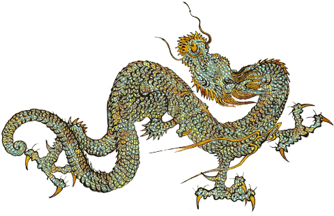 傳統中國龍藝術作品 壁紙 — 一隻華麗的龍，帶有青綠色鱗片和金色點綴，在純黑背景上動態盤繞。