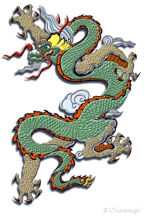 傳統中國龍藝術作品 壁紙 — 一條充滿活力的綠色和金色中國龍，帶有橙色點綴，在黑色背景上動態盤繞，周圍環繞著旋轉的白雲。