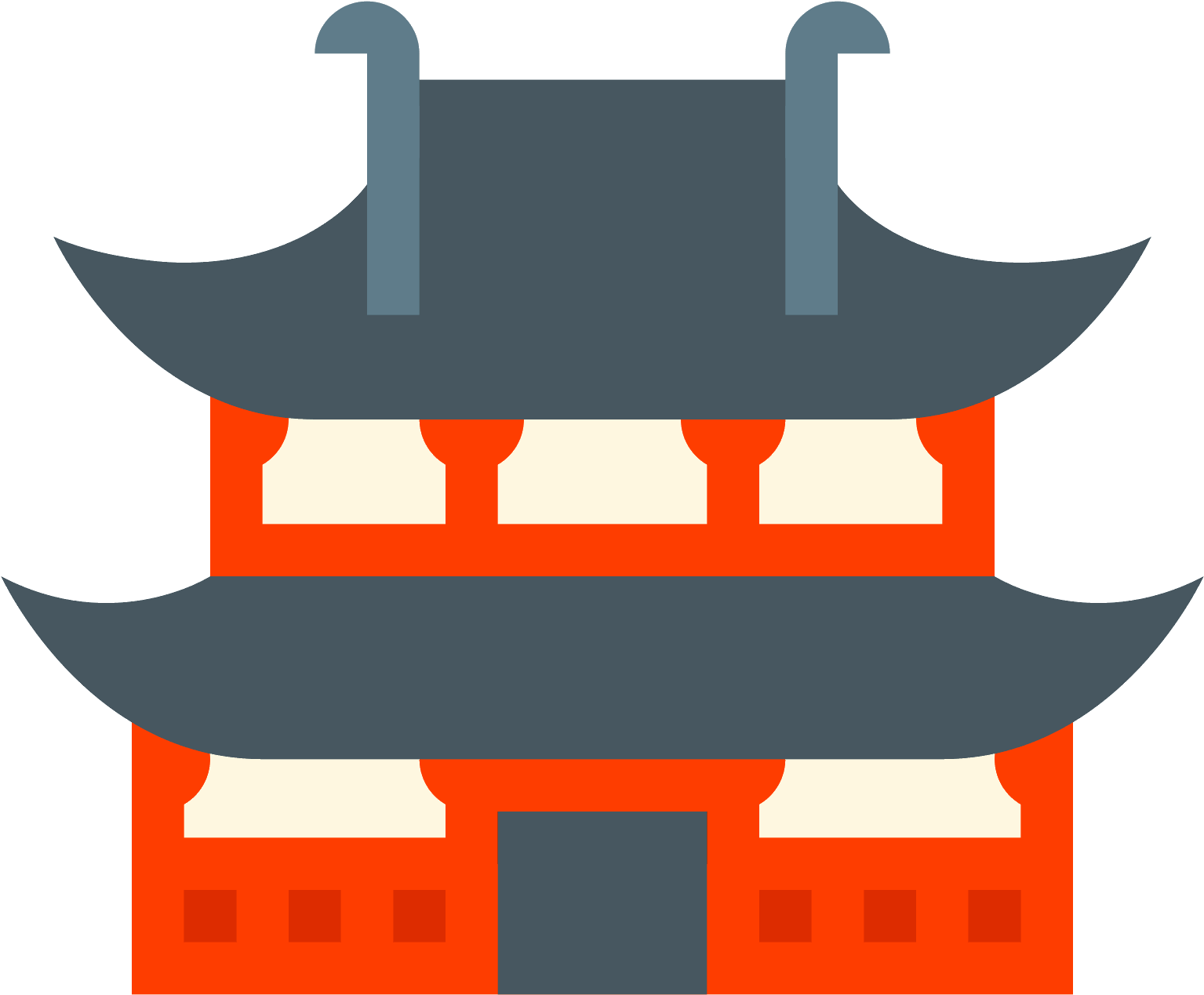 傳統亞洲廟宇插畫 壁紙 — 一座風格化的傳統日本寶塔，帶有分層灰色屋頂和鮮豔橙色牆壁，背景為黑色。