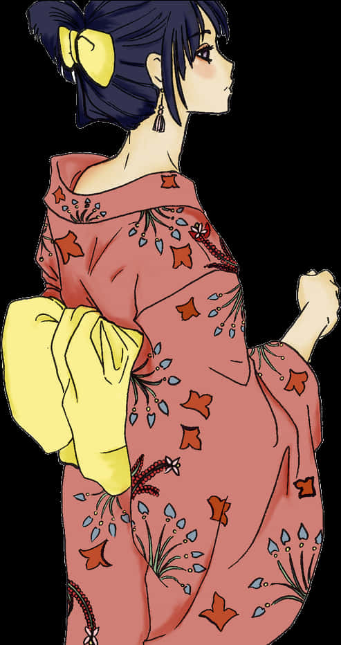 傳統和服少女插畫 壁紙 — 動漫女孩身穿粉紅色花卉和服，繫著黃色蝴蝶結和流蘇耳環，側面站在黑色背景前。
