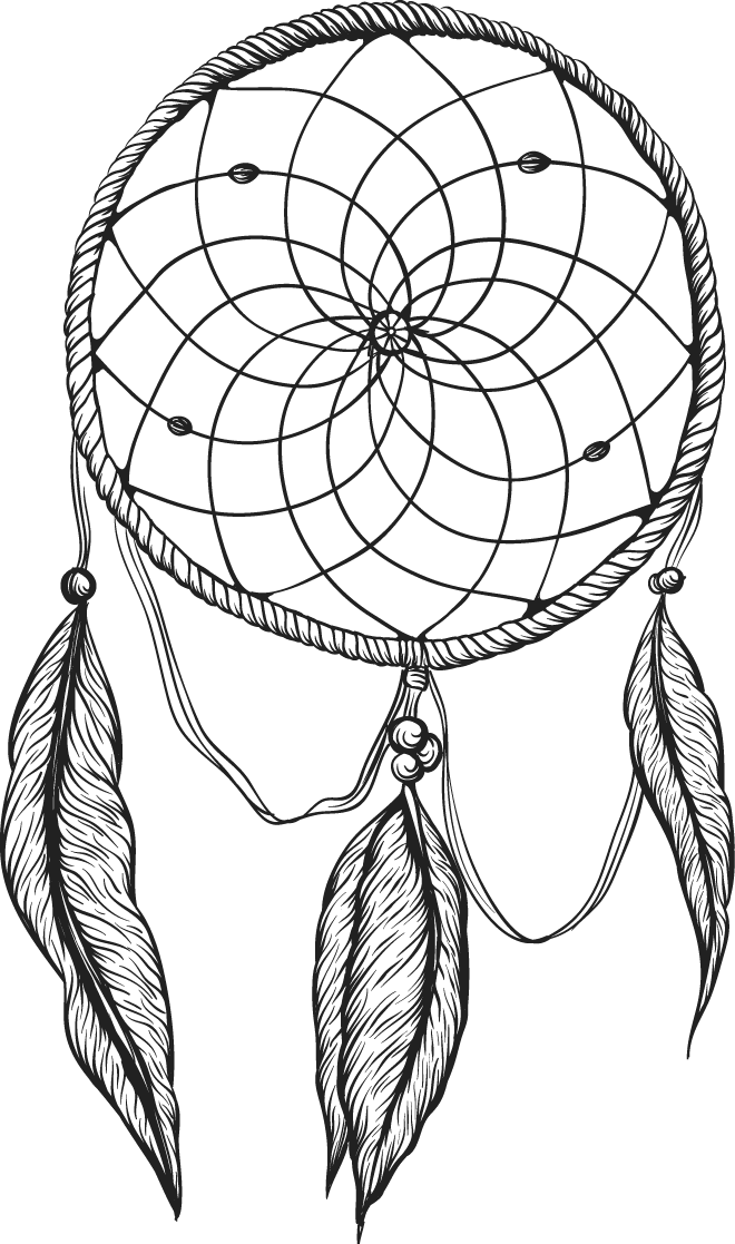 傳統捕夢網插畫 壁紙 — 一個詳細的黑白線條畫，描繪了一個帶有複雜網狀結構和三根懸掛羽毛的捕夢網。