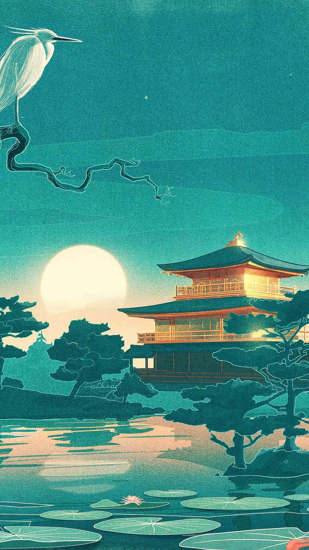 傳統日式住宅 壁紙 — 月光下寧靜的日本塔倒映在平靜的水面上，一隻白鷺棲息在上方的樹枝上。