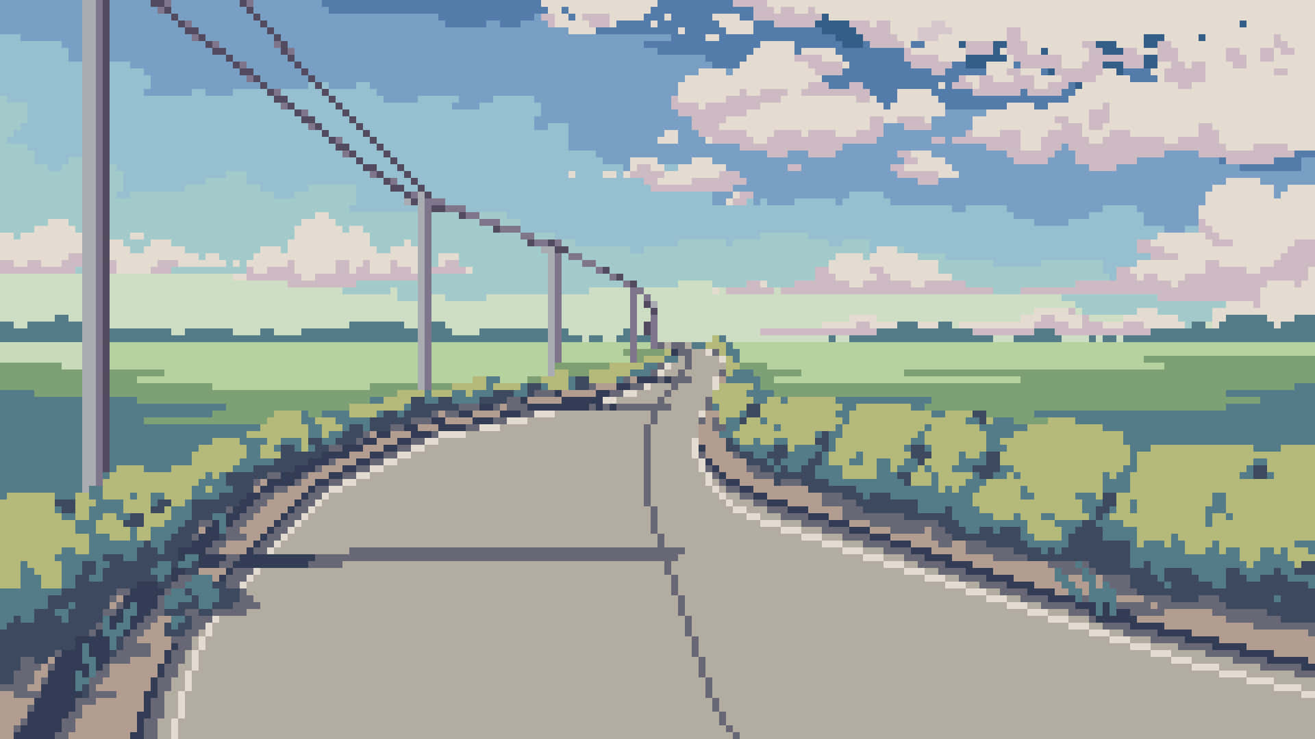 像素化道路蜿蜒穿過綠色田野，上方是藍天和白雲。