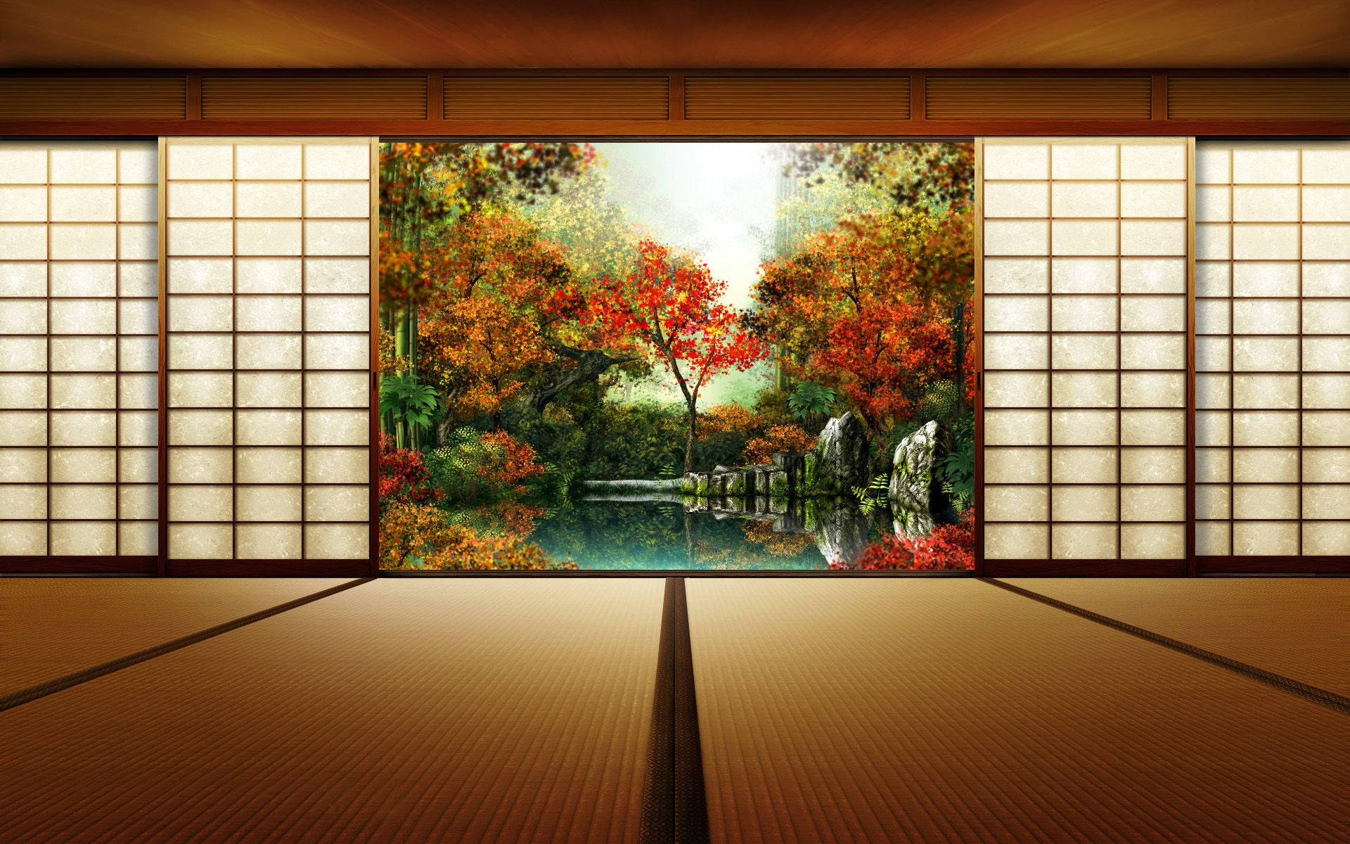 傳統日式房屋與樹木 壁紙 — 一個寧靜的日式房間，鋪有榻榻米和障子屏風，框出一幅生動的秋日森林景象，紅楓樹倒映在平靜的水面上。