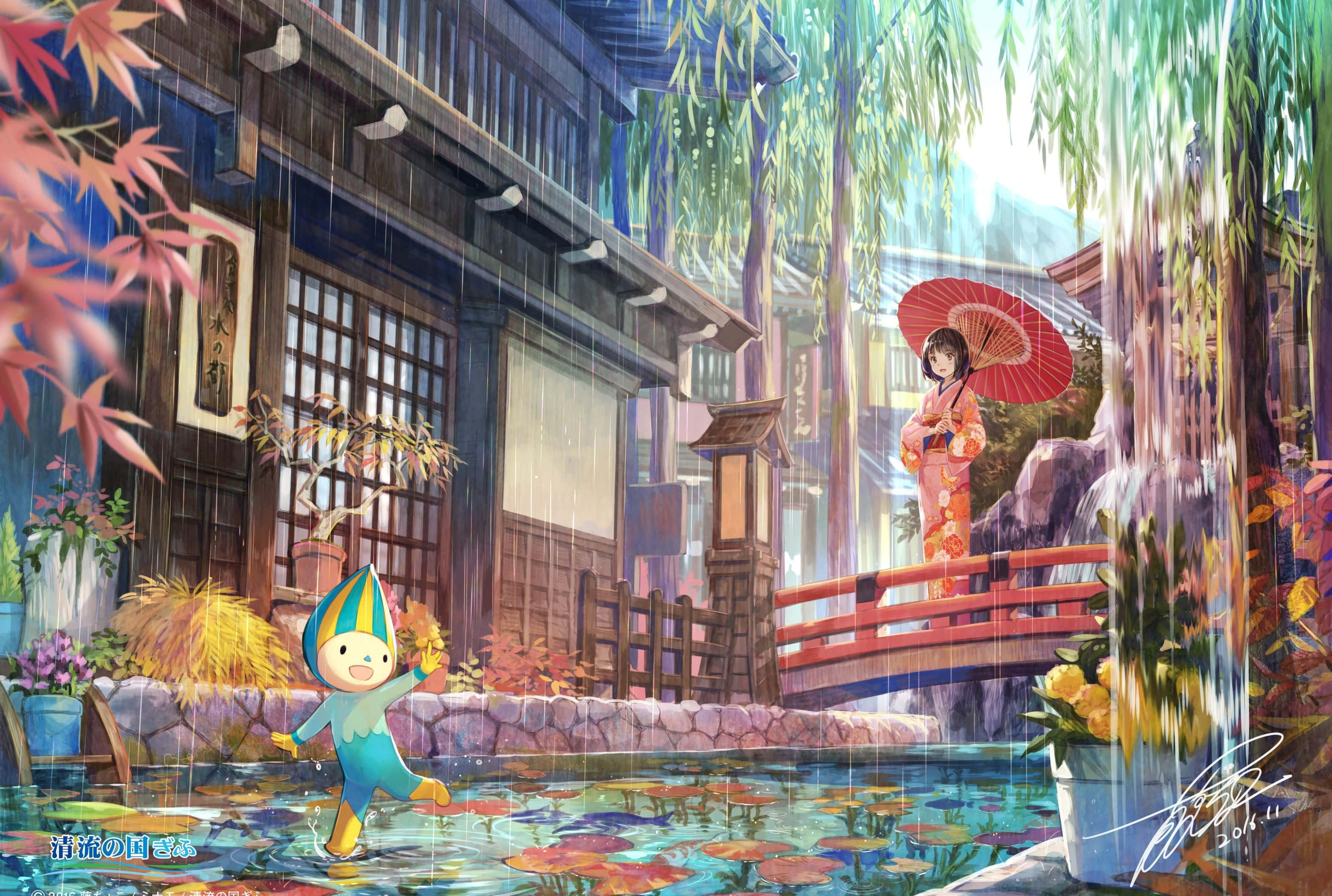 傳統日式燈具 壁紙 — 一個開心的藍色吉祥物在雨水坑中跳舞，而一個穿著和服的女孩在傳統日本房屋旁的橋上拿著紅色雨傘。