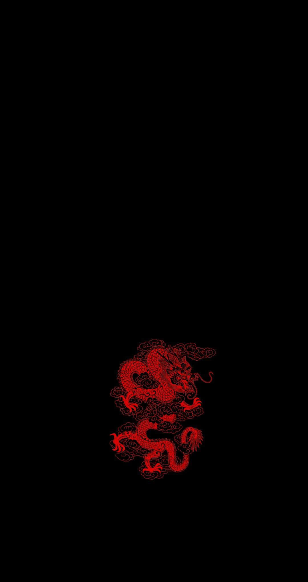 傳統日式紅漆建築 壁紙 — 一幅鮮豔的紅色傳統中國龍插圖在純黑背景上優雅地盤旋。